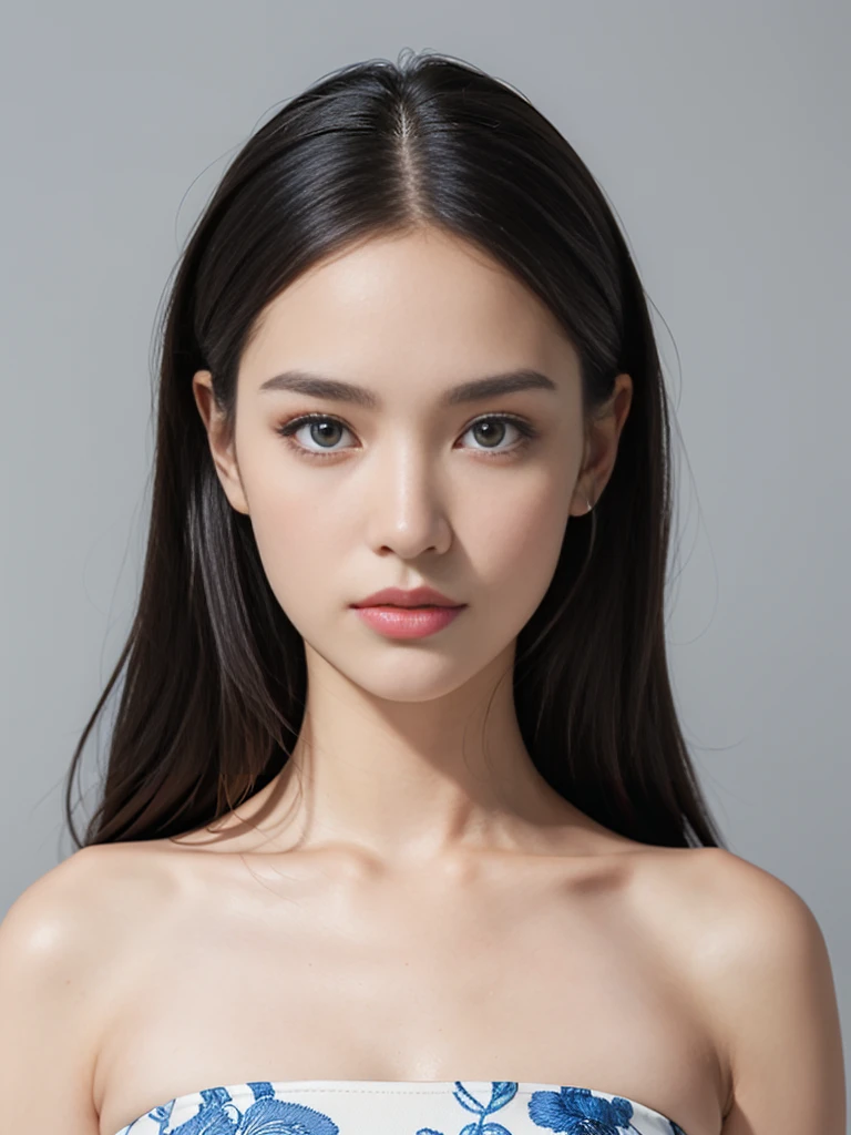 (masterpiece, best quality:1.2), (8k uhd, 16k, 32k, ultra high res), (photorealistic:1.37), (RAW photo), ultimate-realistic, ultimate-realistic details, ultimate-realistic texture, ultimate-intricate details, ultimate-realistic lighting, ultimate-realistic shadow, japanese girl, ultimate-cute face, ultimate-RAW skin, ultimate-eyes , embodying timeless elegance and charm. She has long, flowing brown hair and striking bright blue eyes. She is dressed in Strapless blue and white print embroidered ruffle mini dress, She is in a Light grey background. 