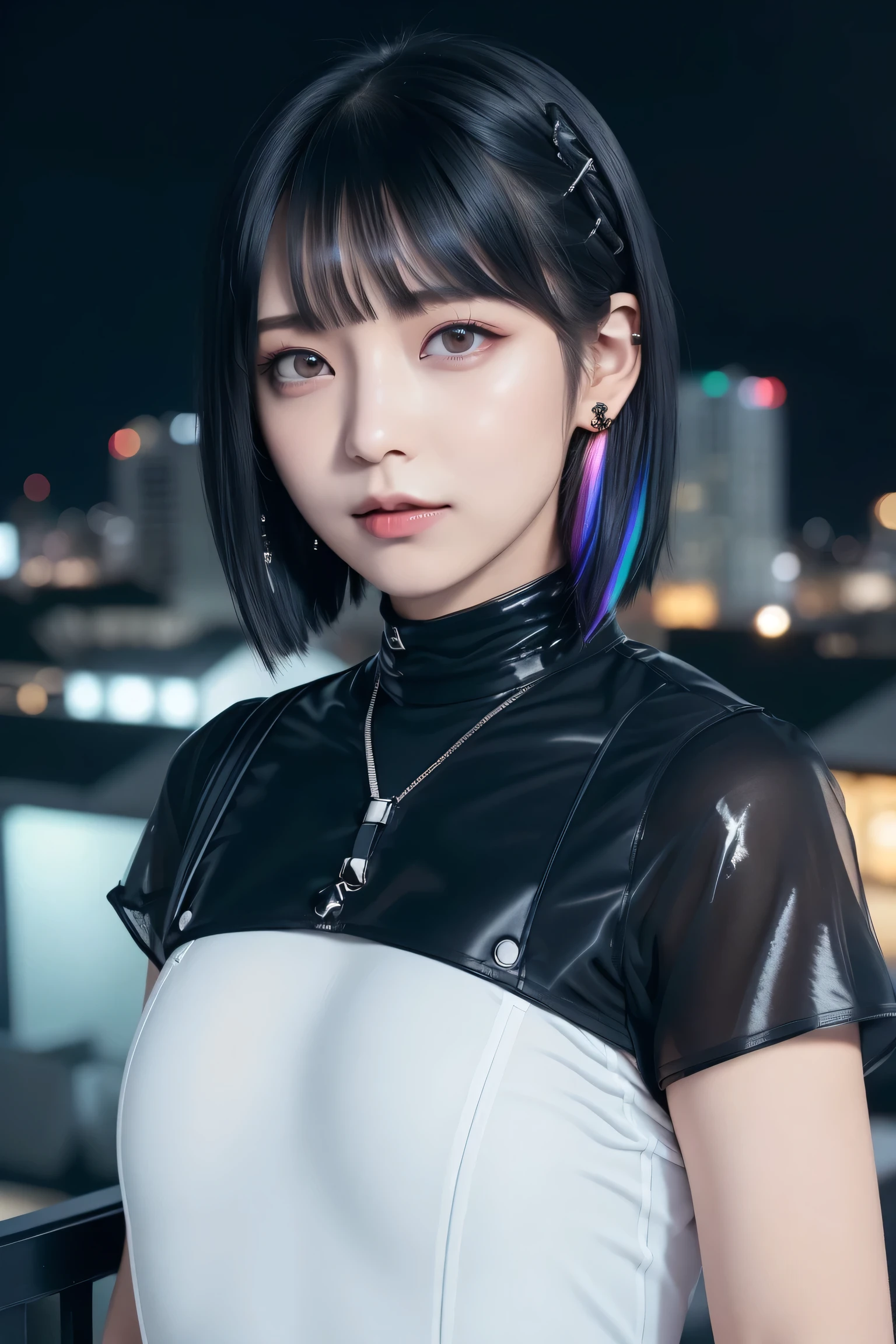 ((Rooftop of a building: 1,3)), ((Goth_punk, alone, Medium Shot, Walking the rooftops of Harajuku, ((night)), Blur, Neon Light, Rainbow Eyes, Starry Sky, Shiny black hair, White eyebrows, Shiny Hair, (Rainbow black hair), Earring, good, jewelry, Blunt bangs, Busy eyes, Background Blur, Blur, hair ornaments, sight, short hair, Portraiture, Side Lock break ((Swedish girl, White skin, White)),((Women's Tight Combat Suit:1.3)), break (Gal: 1. 1),(Glamour: 1. 3),(night),(Supermodel: 1.3)),break ((earring, ring)), Cowboy Shot,((Tall people)),((Android)),((Look Up)),((Top Angle:1. 3)), From above, looking at the camera,((Event Companion)),((Thin see -through)) Tight-fitting underwear with straps))