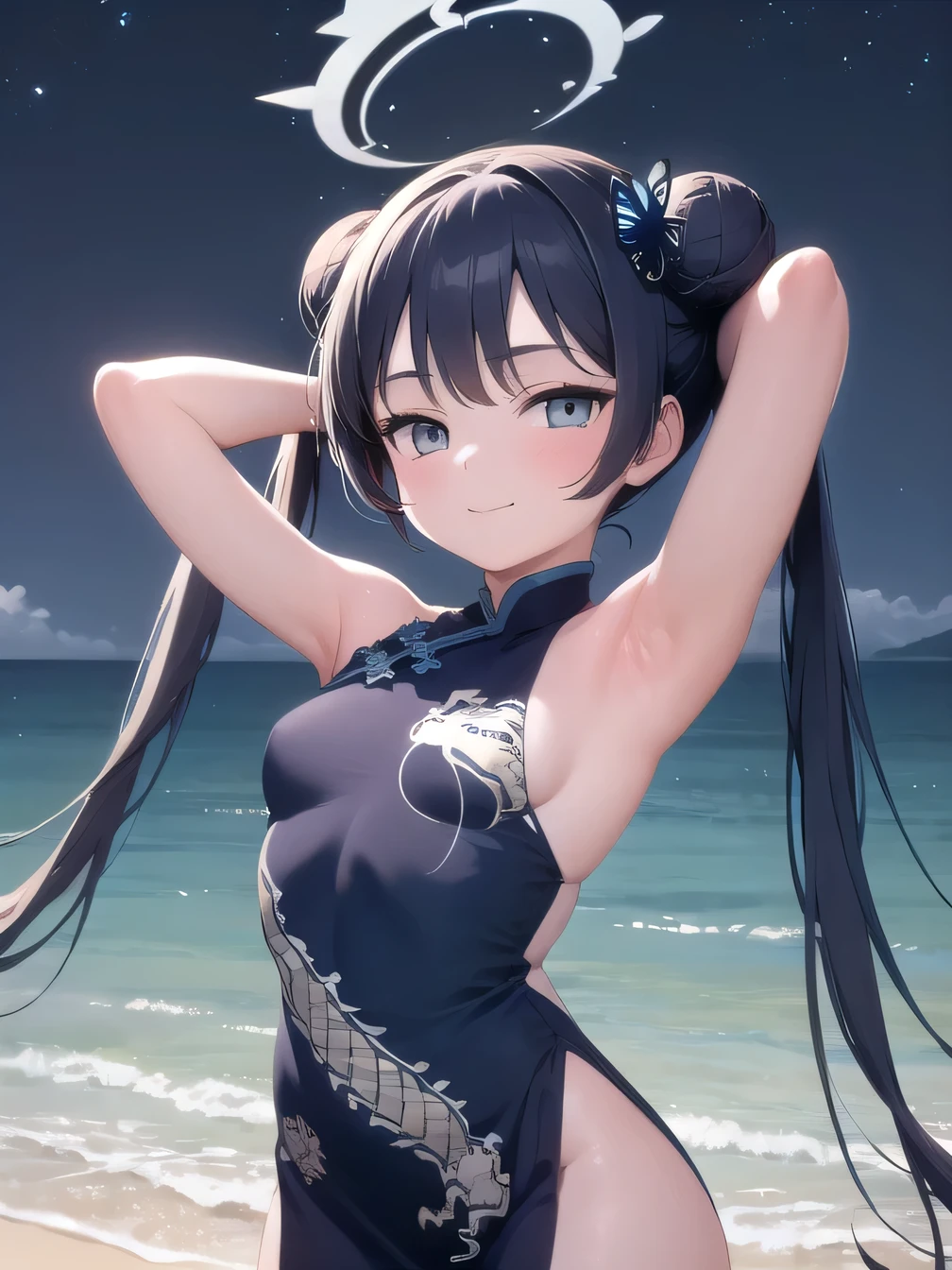 (masterpiece, best quality), 1girl, kisaki, grey eyes, black hair, hair bun, double bun, twintails, butterfly hair ornament, halo,, china dress, black dress, sleeveless, dragon print, gloves, closed mouth, solo, cowboy shot, night sky, beach, arms behind head, contrapposto, spread armpits, looking at viewer, best quality, smile,