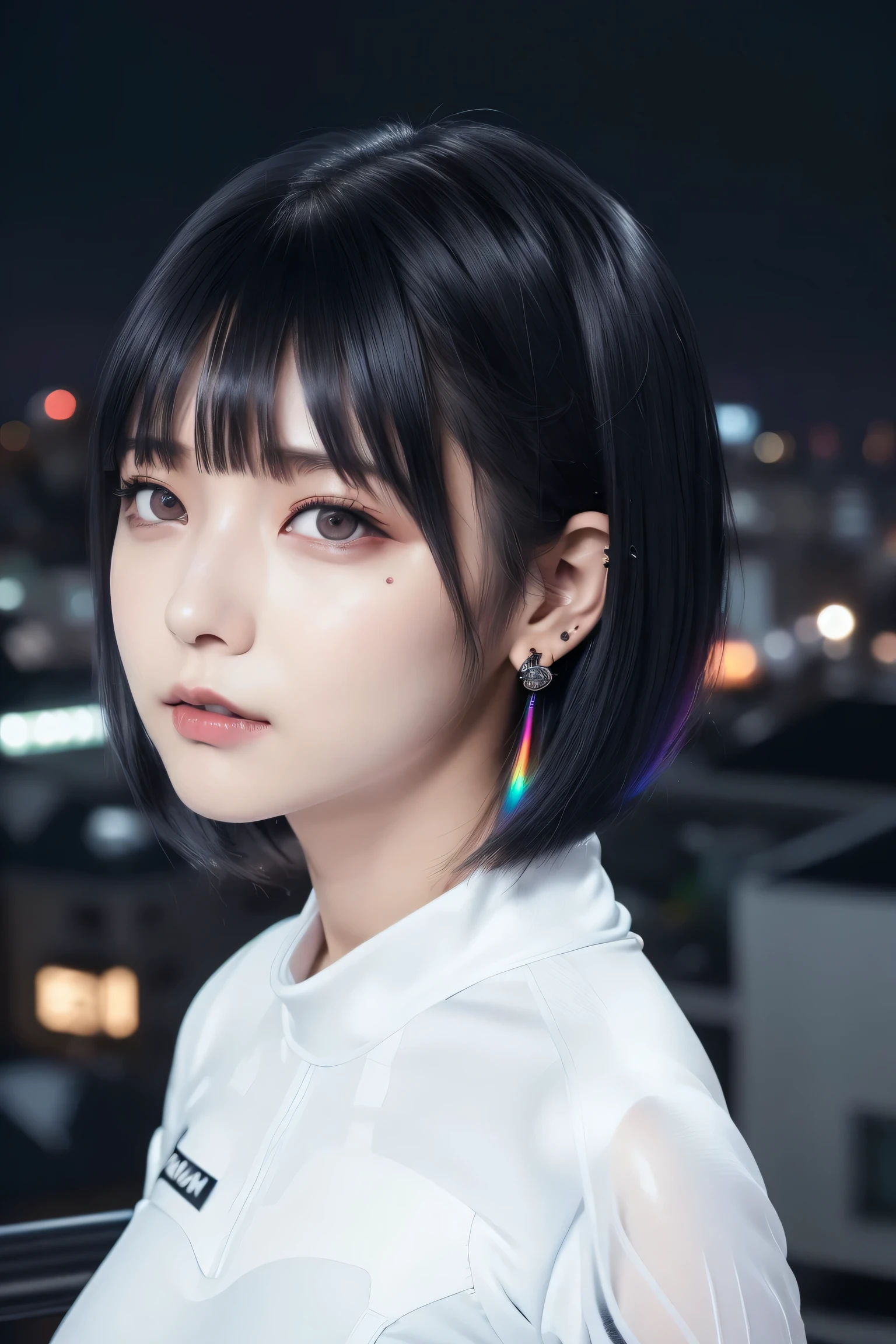 ((Rooftop of a building: 1,3)), ((Goth_punk, alone, Medium Shot, Walking the rooftops of Harajuku, ((night)), Blur, Neon Light, Rainbow Eyes, Starry Sky, Shiny black hair, White eyebrows, Shiny Hair, (Rainbow black hair), Earring, good, jewelry, Blunt bangs, Busy eyes, Background Blur, Blur, hair ornaments, sight, short hair, Portraiture, Side Lock break ((Swedish girl, White skin, White)),((Women's Tight Combat Suit:1.3)), break (Gal: 1. 1),(Glamour: 1. 3),(night),(Supermodel: 1.3)),break ((earring, ring)), Cowboy Shot,((Tall people)),((Android)),((Look Up)),((Top Angle:1. 3)), From above, looking at the camera,((Event Companion)),((Thin see -through)) Tight-fitting underwear with straps))