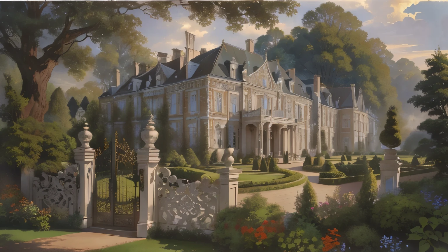 Painting of a large mansion with gate and garden, Highly detailed matte, 1 8th century manor,