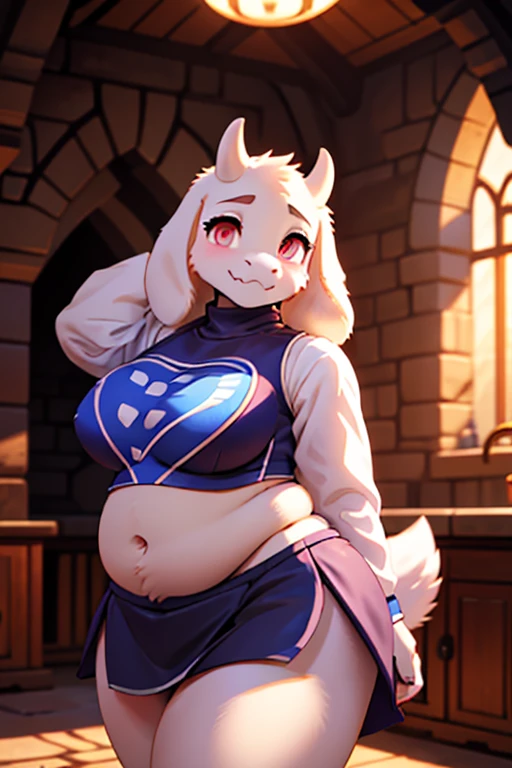 ((sfw)), character from Undertale Toriel, goat Furry, Beautiful cute face, Innocent, Charming, Sexually calm facial expression, Facing the camera, The body is covered with wool, Skin color: white, Body glare, ((pretty eyes)), red-eyes, ((Perfect Sexy Figure)), Curvy Perfect Body Shapes, big thighs, ((Subtle and beautiful)), ((Sexy Fantasy Clothing)), Sexually seductive position, Full-length, Dark castle cave inside background, Depth of field, ((ultra quality)), ((tmasterpiece)), clear image, crisp details, Realistic, Professional Photo Session, Clear Focus, the anime, Colorfully drawn, big breasts, tight blue crop top, midriff, black skirt, blushing, big belly