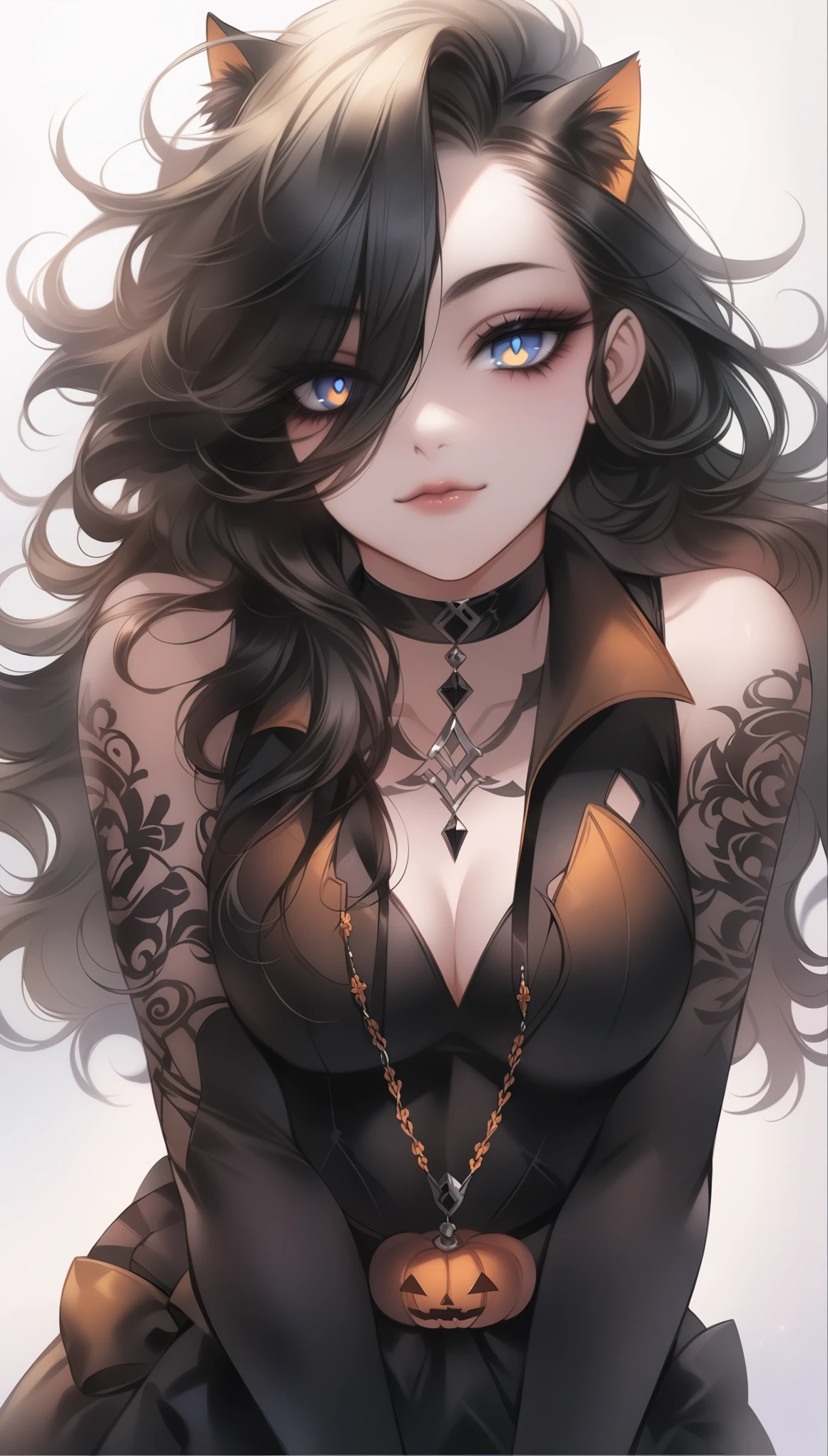 masterpiece, (((detailed face))), (((defined eyes))), (((symmetrical cat ears))), a close up of a woman with long hair and a cat ear, artgerm portrait, artgerm. high detail, extremely detailed artgerm, style artgerm, drawn in the style of artgerm, artgerm detailed, artgerm style, artgerm. anime illustration, yennefer, neoartcore and charlie bowater, (((Halloween type background)))