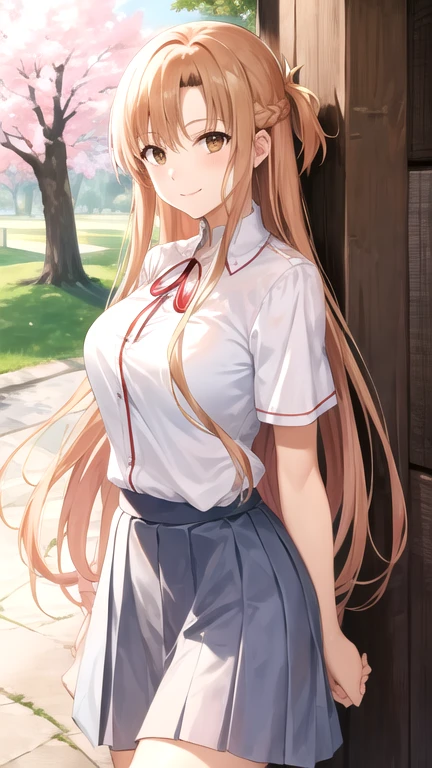 Yuuki Asuna,long hair, brown hair, braid, brown eyes,large breasts,,white shirt,short sleeves,pleated skirt,black skirt,red ribbon, neck ribbon,cowboy shot,standing,smile,closed mouth,outdoors,cherry blossoms,lower body,   