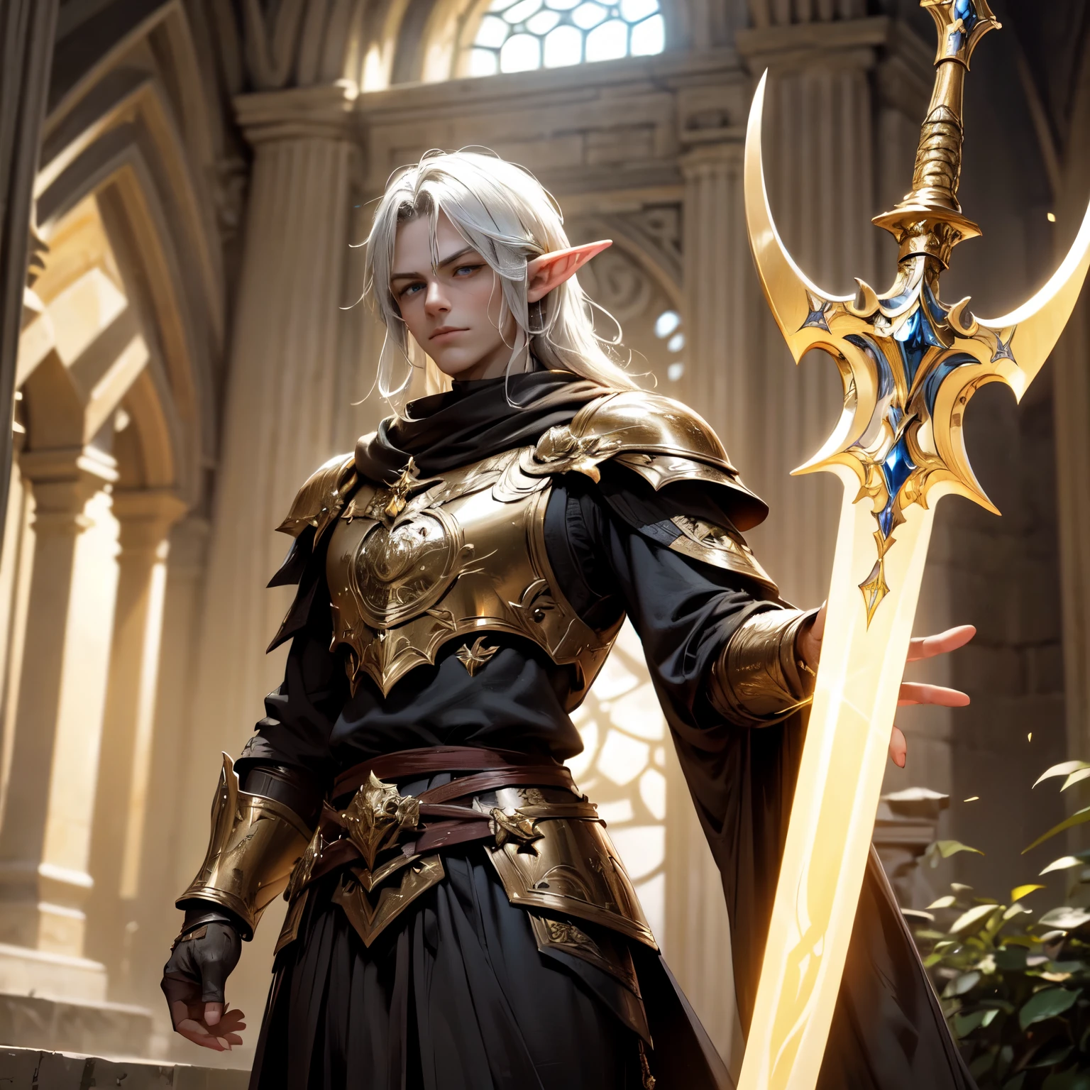 Create a detailed, cinematic image of an awe-inspiring paladin with elven traits. The paladin is wearing gleaming golden armor with intricate details and refined ornamentation., including elvish motifs like intertwining leaves and vines. He has pointed ears characteristic of elves. Wields a sword imbued with radiant light, with elven inscriptions shining along the blade, whose luminosity spreads across the scene, iluminando os arredores. In his other hand, ele segura um escudo gigante dourado, decorated with intricate elven heraldic motifs and sacred symbols. Your blue eyes shine with determination and courage. The paladin is walking down an old, gloomy street, with stone buildings and gas lanterns partially illuminating the space. Sword light reveals hidden details in Gothic facades and deep shadows. The scene must have a cinematic feel, com uma mistura de cores vibrantes e tons escuros, reminiscentes da fotografia da Fujifilm. A imagem deve ser renderizada em 8k para garantir uma qualidade ultra HD.