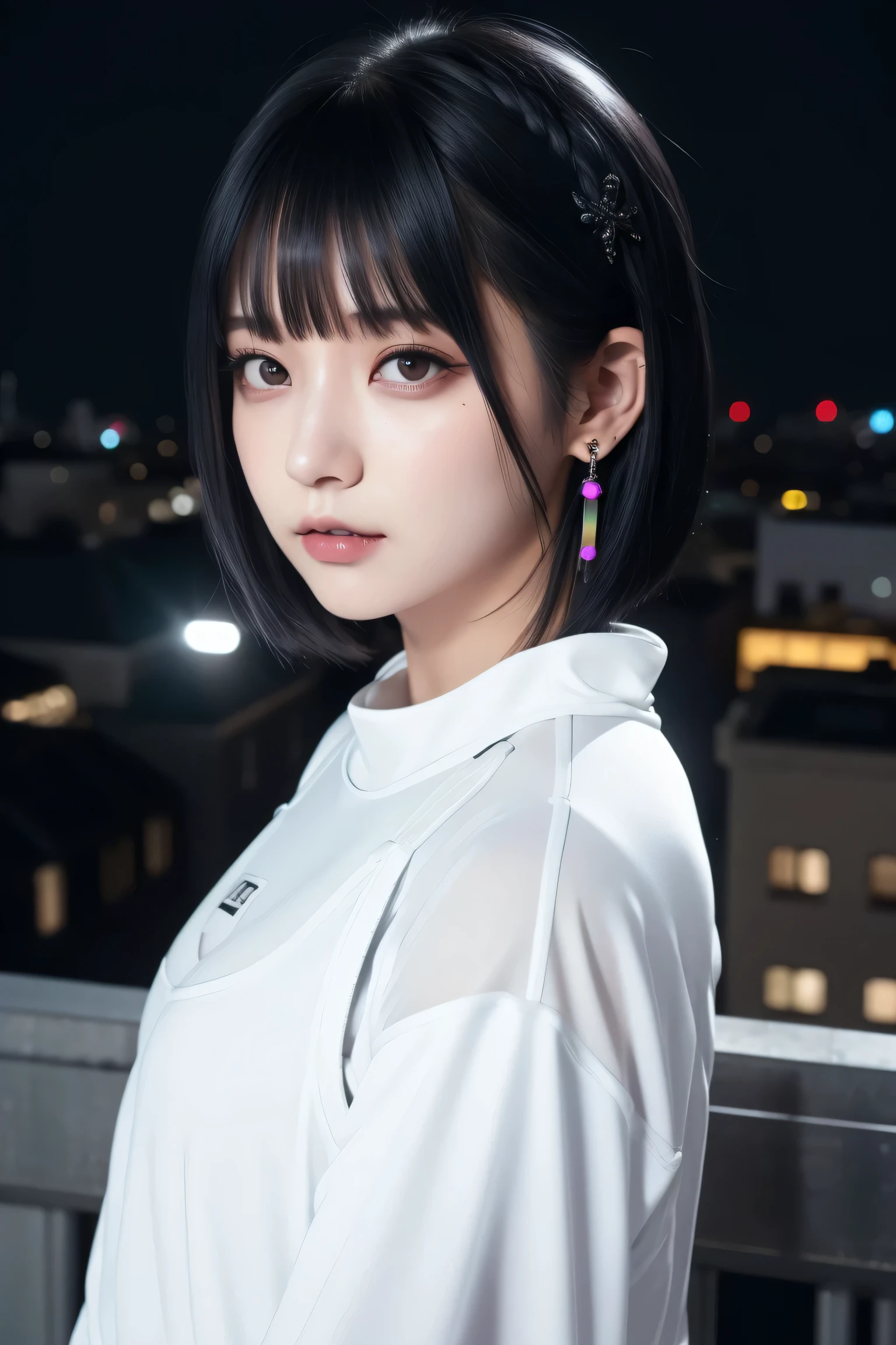 ((Rooftop of a building: 1,3)), ((Goth_punk, alone, Medium Shot, Walking the rooftops of Harajuku, ((night)), Blur, Neon Light, Rainbow Eyes, Starry Sky, Shiny black hair, White eyebrows, Shiny Hair, (Rainbow black hair), Earring, good, jewelry, Blunt bangs, Busy eyes, Background Blur, Blur, hair ornaments, sight, short hair, Portraiture, Side Lock break ((Swedish girl, White skin, White)),((Women's Tight Combat Suit:1.3)), break (Gal: 1. 1),(Glamour: 1. 3),(night),(Supermodel: 1.3)),break ((earring, ring)), Cowboy Shot,((Tall people)),((Android)),((Look Up)),((Top Angle:1. 3)), From above, looking at the camera,((Event Companion)),((Thin see -through)) Tight-fitting underwear with straps))