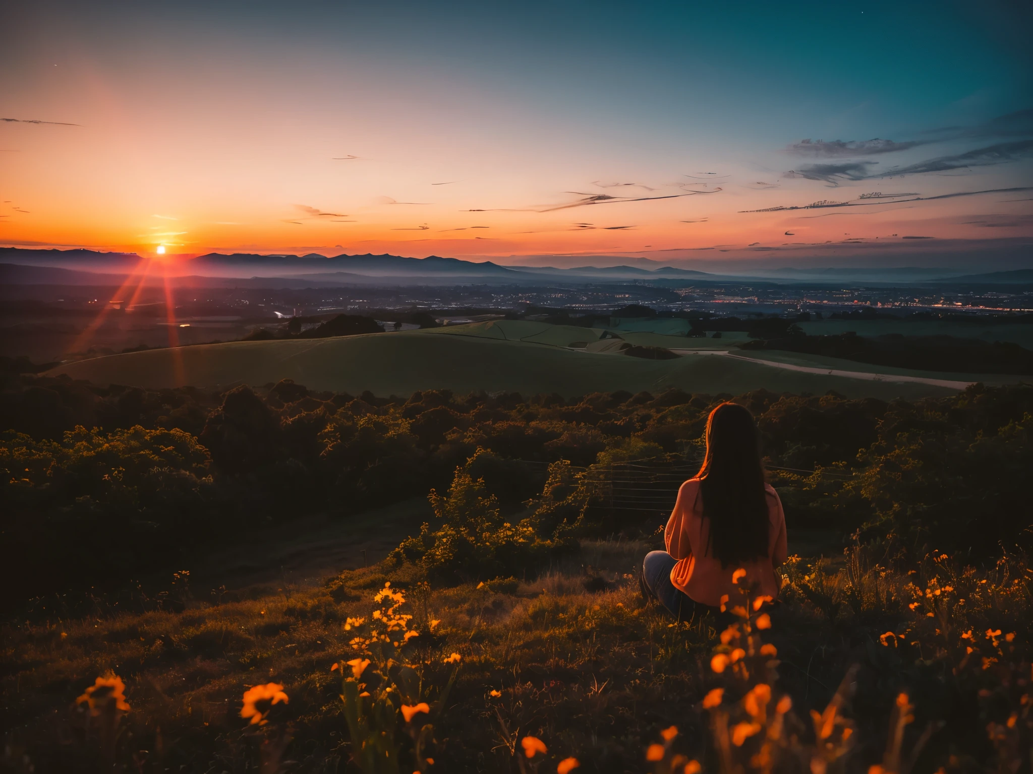 Sunset, evening glow, distant view, realistic, rich colors, gorgeous and colorful, wide-angle lens, shooting in the evening, positive film, naturalistic style, high-definition filming.