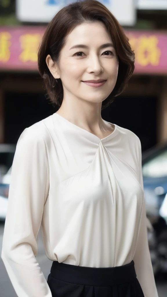 ((Highest quality)), ((8k)), ((masterpiece: 1.3)), (Perfect appearance), (Photorealism: 1.6), (RAW Photos:1.2), (Photorealistic), (Genuine:1.4), (JMA), (KE), (Portrait of a Japanese mature woman), (Pitch Darkness: 1.2), (A woman illuminated by a dim light), (Woman standing diagonally facing forward: 1.4), (60-year-old woman), (Perfect looks), ((Realistic skin texture)), (Fine wrinkles all over the skin), (Dullness), (Facial wrinkles), (Wrinkles around the eyes), double eyelid, Tear bags under the eyelids, (Grimacing and laughing), Short bangs, short hair, BREAK(Red lips),BREAK (blouse: 1.2),