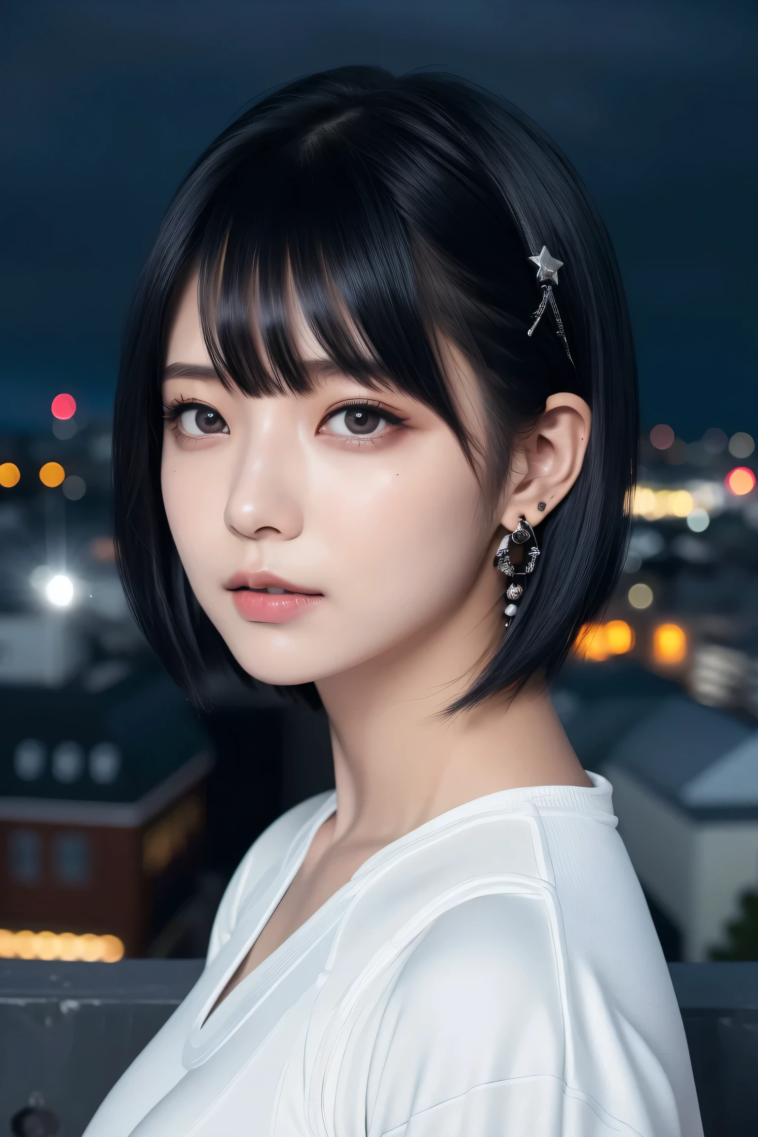 ((Rooftop of a building: 1,3)), ((Goth_punk, alone, Medium Shot, Walking the rooftops of Harajuku, ((night)), Blur, Neon Light, Rainbow Eyes, Starry Sky, Shiny black hair, White eyebrows, Shiny Hair, (Rainbow black hair), Earring, good, jewelry, Blunt bangs, Busy eyes, Background Blur, Blur, hair ornaments, sight, short hair, Portraiture, Side Lock break ((Swedish girl, White skin, White)),((Women&#39;s Tight Combat Suit:1.3)), break (Gal: 1. 1),(Glamour: 1. 3),(night),(Supermodel: 1.3)),break ((earring, ring)), Cowboy Shot,((Tall people)),((Android)),((Look Up)),((Top Angle:1. 3)), From above, looking at the camera,((Event Companion)),((Thin see -through)) Tight-fitting underwear with straps))