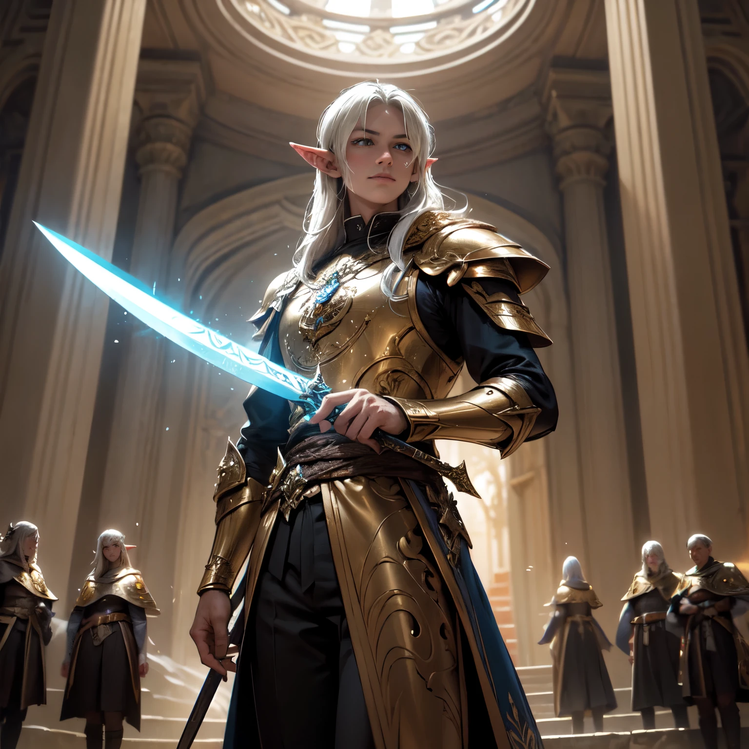 Create a detailed, cinematic image of an awe-inspiring paladin with elven traits. The paladin is wearing gleaming golden armor with intricate details and refined ornamentation., including elvish motifs like intertwining leaves and vines. He has pointed ears characteristic of elves. Wields a sword imbued with radiant light, with elven inscriptions shining along the blade, whose luminosity spreads across the scene, iluminando os arredores. In his other hand, ele segura um escudo gigante dourado, decorated with intricate elven heraldic motifs and sacred symbols. Your blue eyes shine with determination and courage. The paladin is walking down an old, gloomy street, with stone buildings and gas lanterns partially illuminating the space. Sword light reveals hidden details in Gothic facades and deep shadows. The scene must have a cinematic feel, com uma mistura de cores vibrantes e tons escuros, reminiscentes da fotografia da Fujifilm. A imagem deve ser renderizada em 8k para garantir uma qualidade ultra HD.