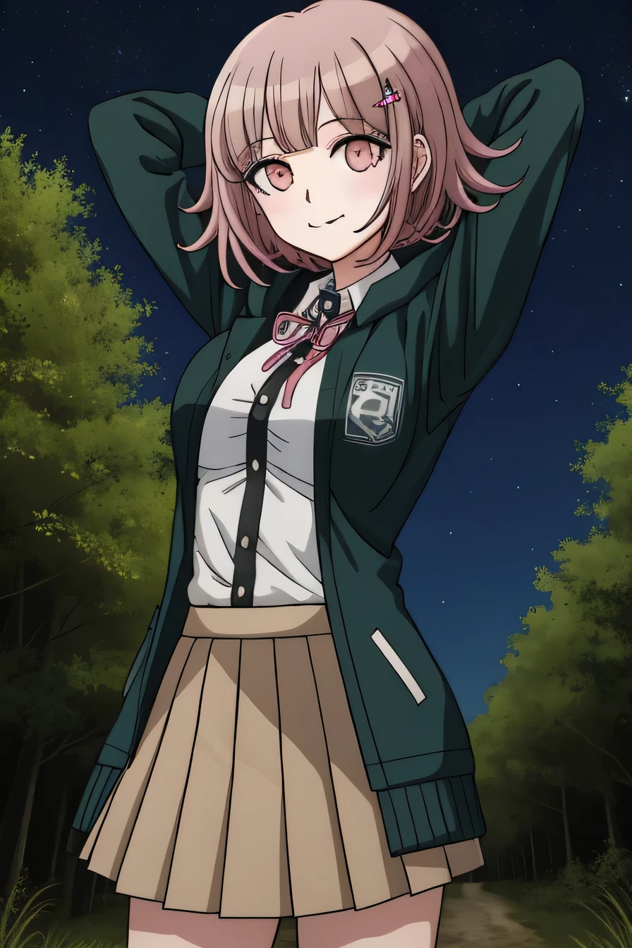 1girl, solo, hair ornament, shirt, jacket, ribbon, skirt, dress shirt, pink ribbon, open clothes, pleated skirt, white shirt, neck ribbon, collared shirt, hood, open jacket, looking at viewer, black jacket, long sleeves, shirt tucked in, brown skirt, hairclip, solo, night sky, forest, arms behind head, contrapposto, spread armpits, closed mouth, smile, cowboy shot, two-tone shirt, hooded jacket, breasts, medium hair,