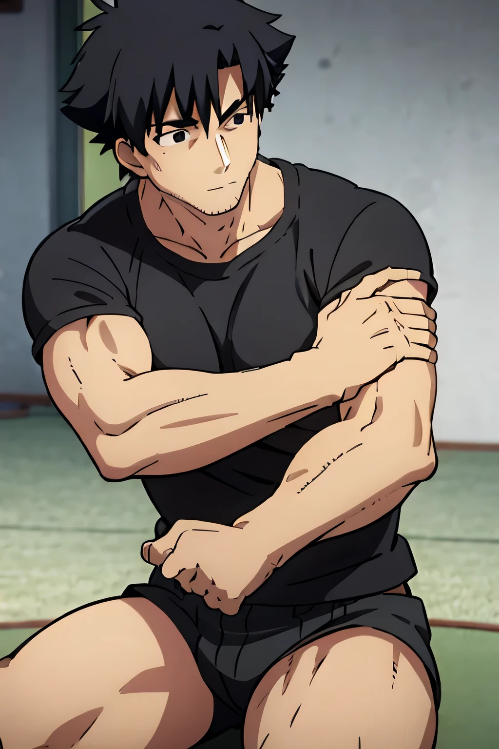 Kiritsugu is sitting and flexing his biceps and abs. He wears black short boxershorts. You can see his thighs. He is admiring his muscles. He has bulging veins on his arms. He wears a black tshirt with short sleeves. His right sleeve is completely rolled up so you can see his entire arm and shoulder. He is showing his abs too.