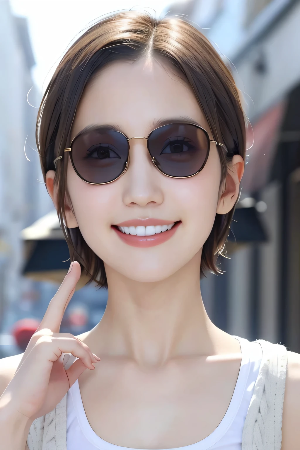 205 ((short hair)), １７Beautiful woman、, cardigan、shirt、Shoulder Fashion、smile、Beautiful teeth alignment、Black Hair、ear piercing、Looking into the camera, The background is the town、Misaligned sunglasses