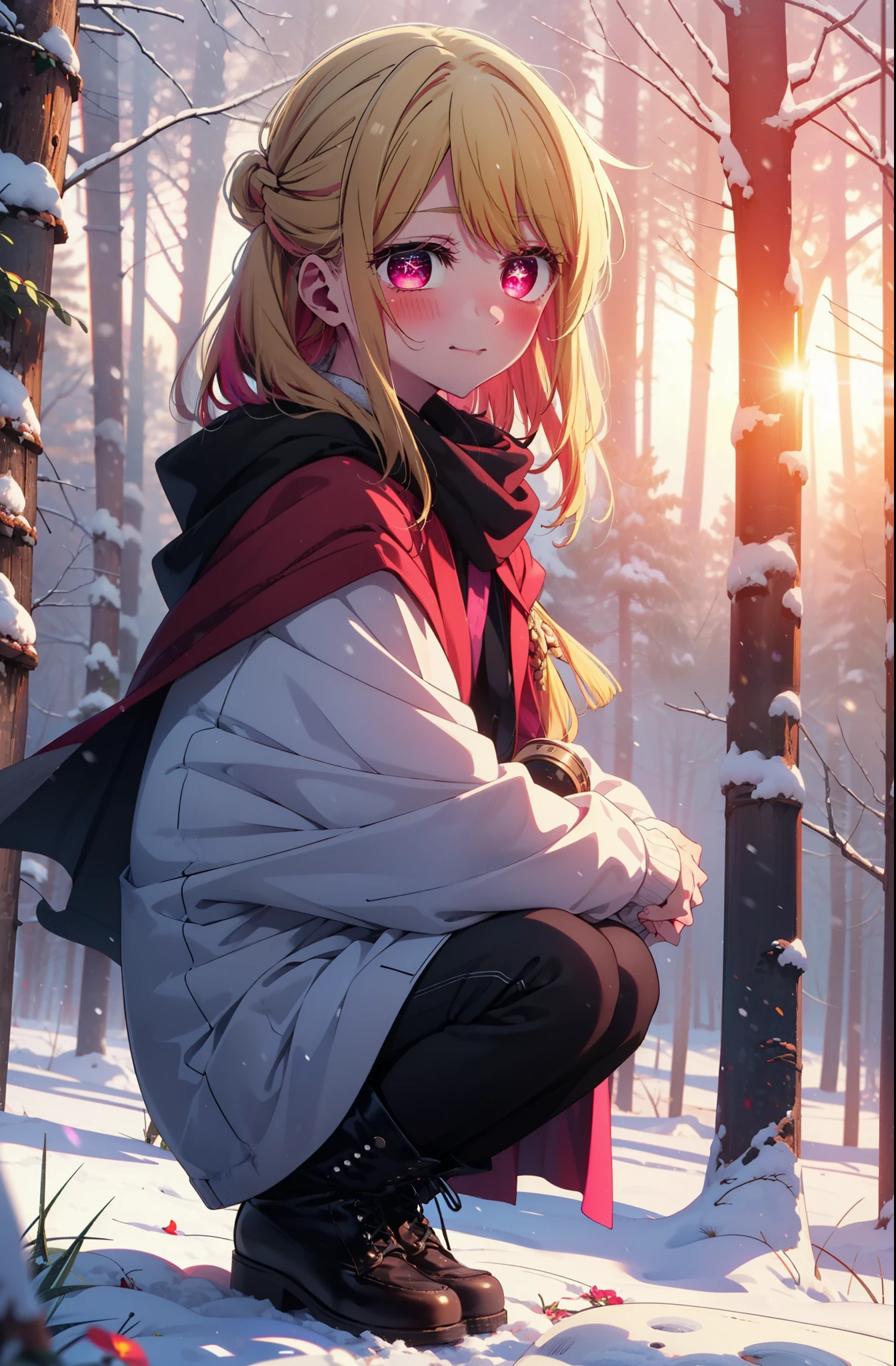 rubyhoshino, Hoshino Ruby, Long Hair, bangs, Blonde Hair, (Pink Eyes:1.3), Side Lock, (Symbol-shaped pupil:1.5), Multicolored Hair, Two-tone hair, smile,,smile,blush,White Breath,
Open your mouth,snow,Ground bonfire, Outdoor, boots, snowing, From the side, wood, suitcase, Cape, Blurred, , forest, White handbag, nature,  Squat, Mouth closed, Cape, winter, Written boundary depth, Black shoes, red Cape break looking at viewer, Upper Body, whole body, break Outdoor, forest, nature, break (masterpiece:1.2), highest quality, High resolution, unity 8k wallpaper, (shape:0.8), (Beautiful and beautiful eyes:1.6), Highly detailed face, Perfect lighting, Highly detailed CG, (Perfect hands, Perfect Anatomy),