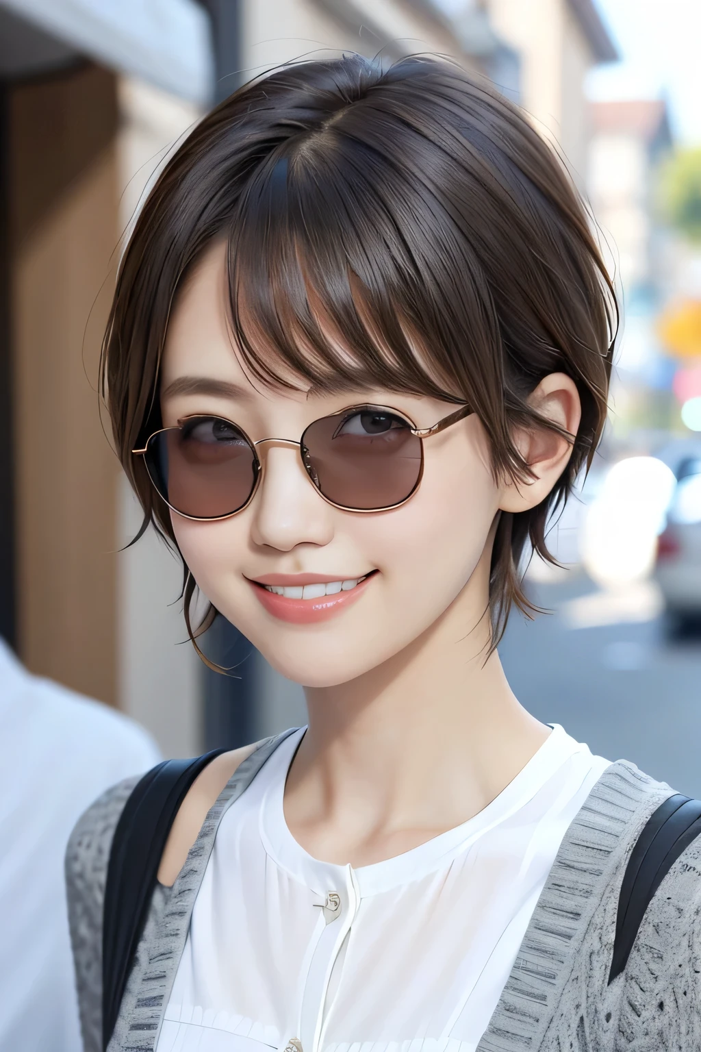 205 ((short hair)), 17Beautiful woman、, cardigan、shirt、Shoulder Fashion、smile、Beautiful teeth alignment、Black Hair、ear piercing、Looking into the camera, The background is the town、Misaligned sunglasses