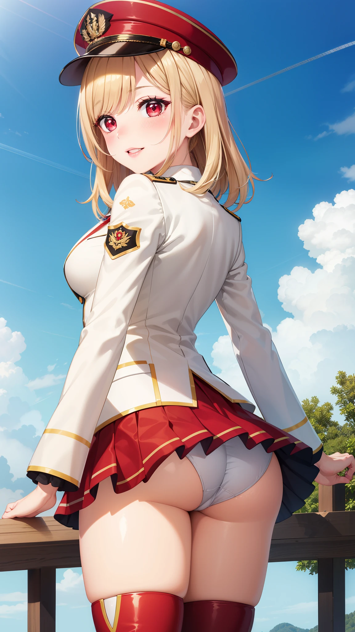 masterpiece, ultra-detailed, illustration, game cg, best quality, highres, kitagawa marin, 1girl, short fluffy blonde hair, swept bangs, gradient hair, red eyes, glossy lips, light smile, blush, medium breasts, military hat, red puffy miniskirt, white blazer, red thigh boots, standing, blue sky, looking back at viewer
