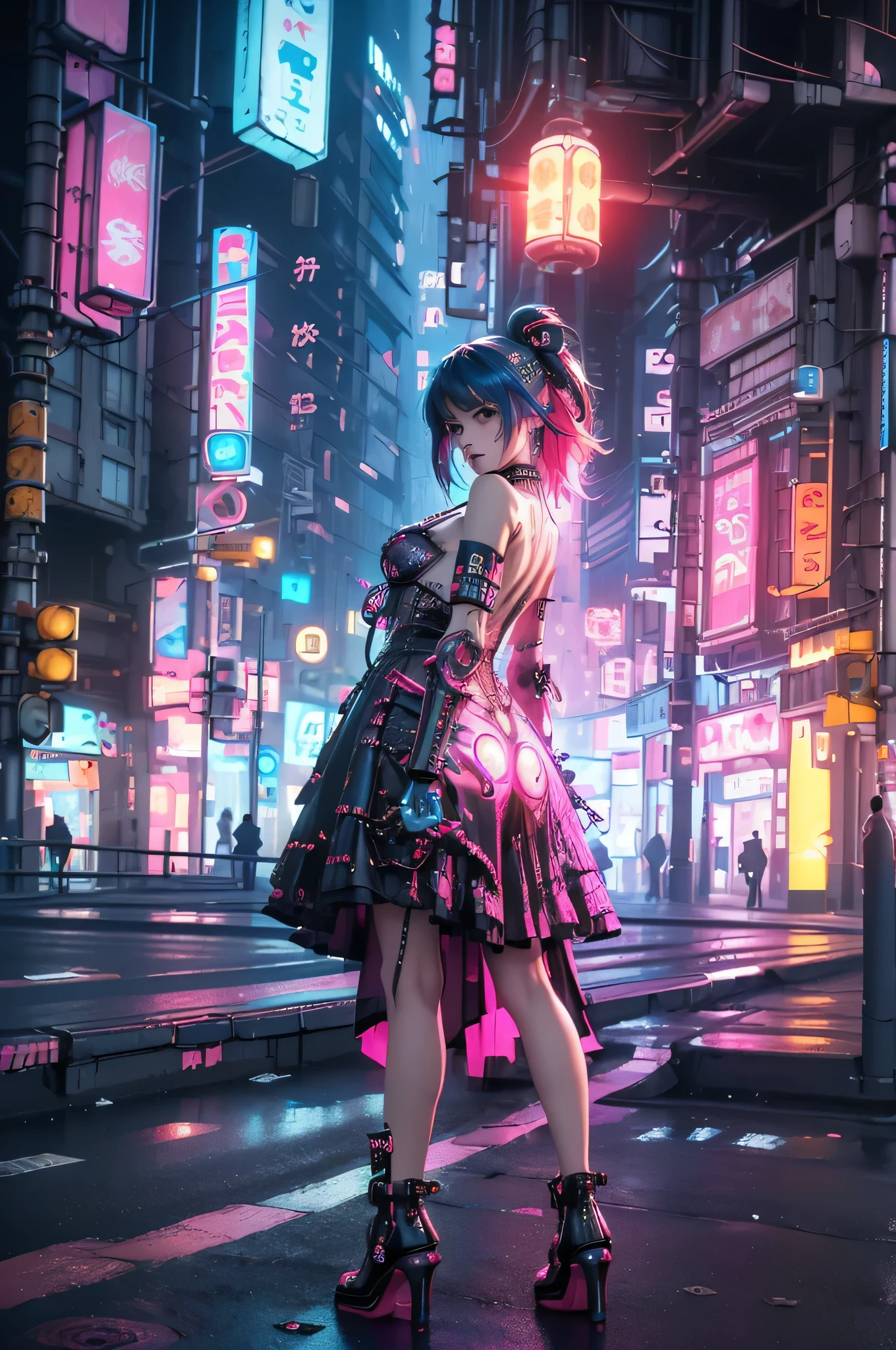 (masutepiece, of the highest quality, Best Quality, Official art, Beautiful and aesthetic:1.2),(1girl in:1.4),Full body,([Pink|Blue] hair:1.5),ighly detailed,(Fractal Art:1.3),(Colorful:1.5),highest details,(Mechanical modification:1.3),(corrected:1.2),Maiden,(A complex mechanical conduit is inserted into the back:1.5),catheter,(Neon background:1.4),(Neon City:1.75),Night,Large breasts,(Gothic_ta:1.2),high-heels,(:0.75),makeup,blush,(Cyberpunk:1.4),((Looking at Viewer:1.3)),((Looking back)),Sofia Boutella, brunette, sun burn, Colossal , Nikon D850 Film Stock Photography 4 Kodak Portra 400 Camera F1.6 lens rich colors hyper realistic lifelike texture dramatic lighting unrealengine trending on artstation cinestill 800,