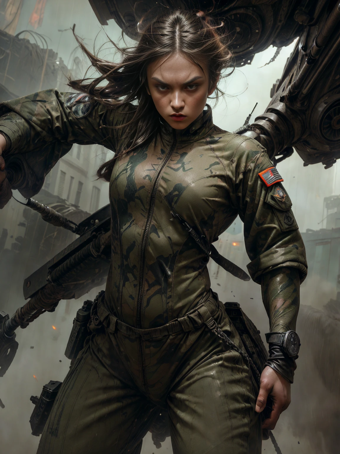 beautiful young woman in tight combat suit:1.3, holding a machine gun, action pose, looking at viewer:1.2, blurred background, gritty photo, HD, 8k, hyper realistic, chiaroscuro lighting, military aesthetics, high-tech weapon, expression intense, muscular build, tactical equipment, cinematic composition