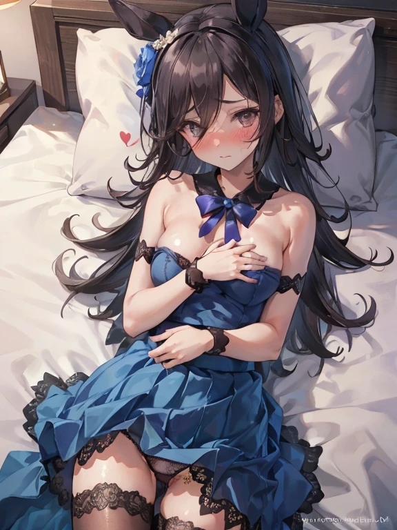 masterpiece, best quality, (lace leotard:1.3), (sea-through panty:1.5), blue skirt, skirtliftfront, (skirt lift:1.3), Rice Shower, lace, small breast, (breast out:1.4), show off nipples, 1 girl, detailed beautiful face, long hair,small breast, (hair covers right eye:1.3), (drunken eyes:1.3), (embarrassed:1.4), blush, thin arms, thin legs, (bent over), stick out ass, grab ass, (love juice:1.5), (lying on bed:1.3), spread pussy, pussy line,