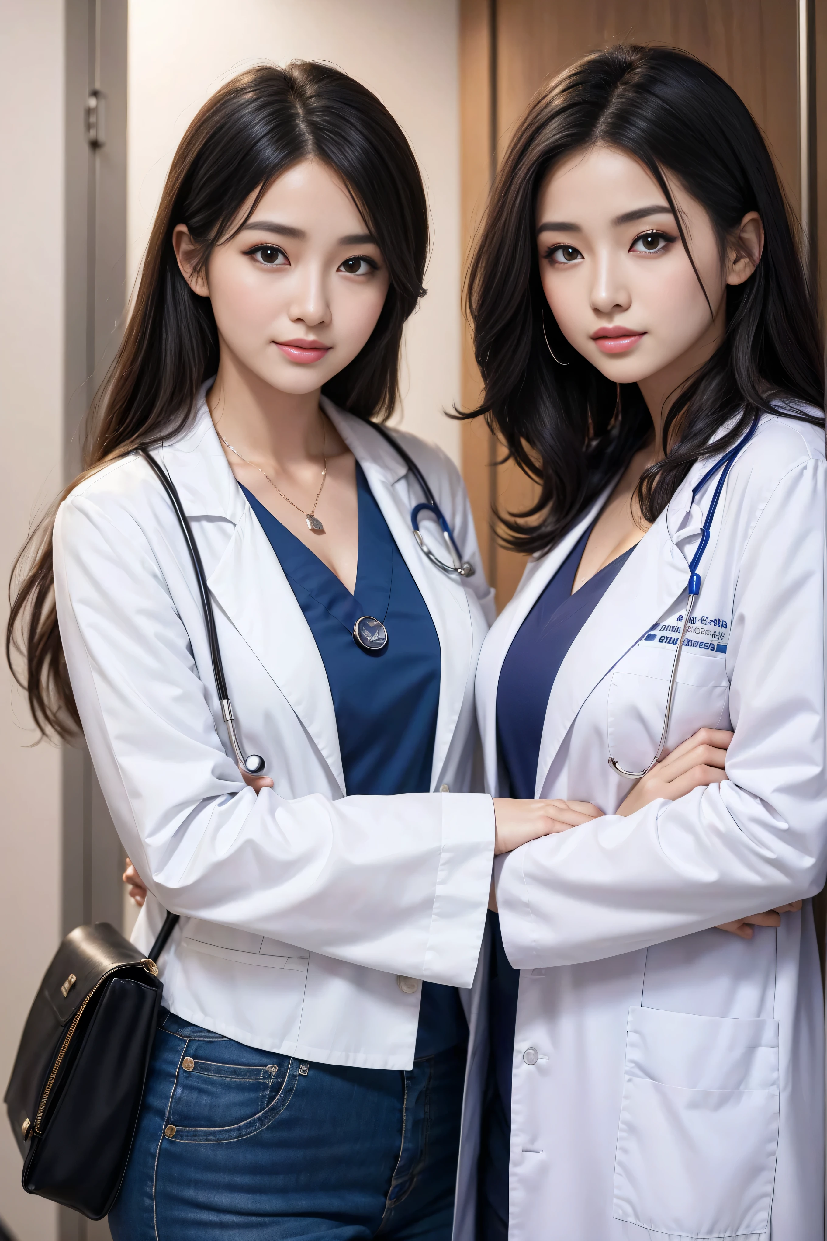 Realistic beautiful doctor、Stunningly beautiful、Doctor's white coat, Collared shirt、(Top quality、8K、32K、masterpiece、North African Trade Zone:1.3)、Ultra-high resolution,(Reality:1.4),Original Photography, Detailed face,,Beautiful hair, ((Doctor style)),,((Leg length)), (Thigh gap:1.5), , Black tight skirt、 Natural Makeup,, Big plump breasts、In the hospital, Detailed background, Perfect lighting, Depth of Field, Beautiful shadow gradient,Stethoscope ,