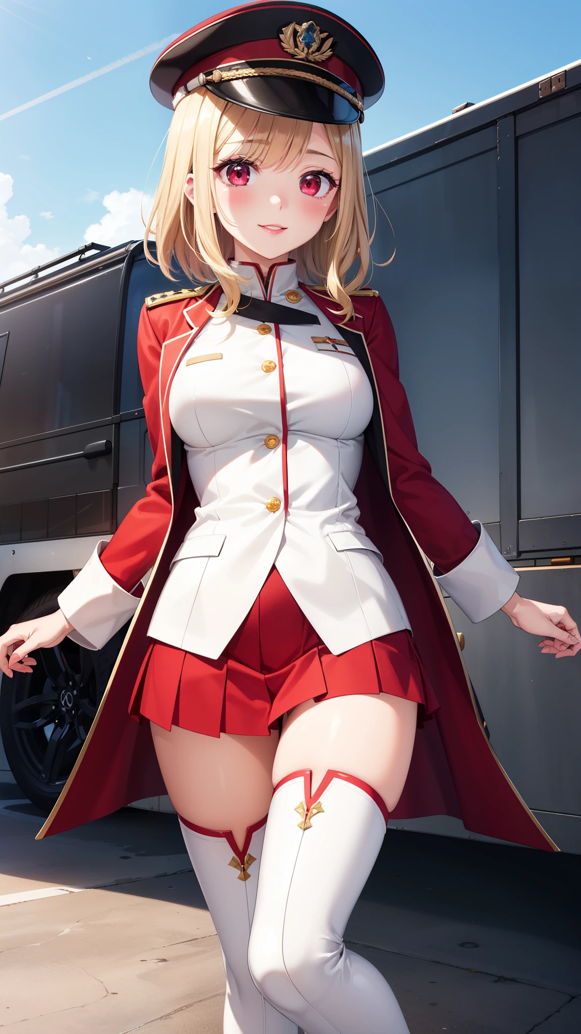 masterpiece, ultra-detailed, illustration, game cg, best quality, highres, kitagawa marin, 1girl, short fluffy blonde hair, swept bangs, gradient hair, red eyes, glossy lips, light smile, blush, medium breasts, military hat, red puffy miniskirt, white blazer, red thigh boots, standing, blue sky