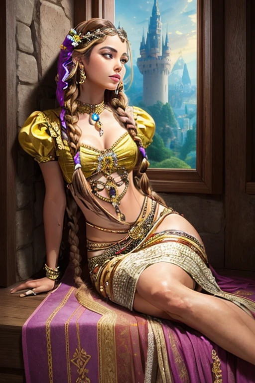 A provocative Rapunzel, her hair woven into intricate braids and adorned with jewels, waiting for her prince to rescue her from her tower of desire.