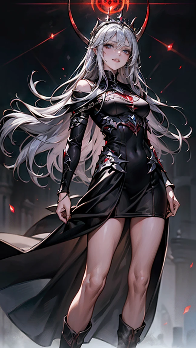 highest quality、masterpiece、8k、Realistic、超High resolution、Very delicate and beautiful、High resolution、Cinema Lighting、medium range shooting、Portraiture、完璧なwomanの体、(Medium breast:1.4)、Opposition、Looking at the audience、( ((Demon King of Another World(woman)、Jet black dress、Red glowing eyes、Sharp Corners、Dark Aura、Long silver hair、Ruthless smile、Dark Throne))、Powerful wings、Fiery magic、Dark Crown、Magic wand、Castle of Darkness、Powerful Spell Book、Evil coat of arms、Dark Magic、Battle Scars、Absolute Dominance、Strong Will、Loyal Family、Ruthless personality、A fear-inducing entity、Deep red lipstick、Dark Pact、ruler of the demon world、Otherworldly landscapes、Symbol of Destruction、The power of despair、Evil plan、Jet black boots。)