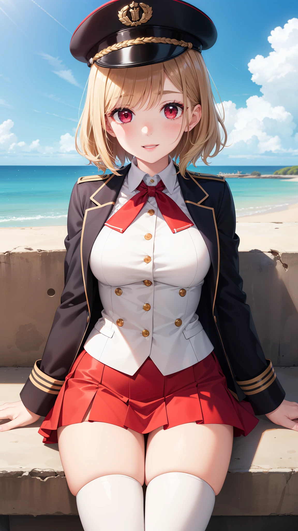 masterpiece, ultra-detailed, illustration, game cg, best quality, highres, kitagawa marin, 1girl, short fluffy blonde hair, swept bangs, gradient hair, red eyes, glossy lips, light smile, blush, medium breasts, military hat, red puffy miniskirt, white blazer, red thigh boots, sitting, blue sky