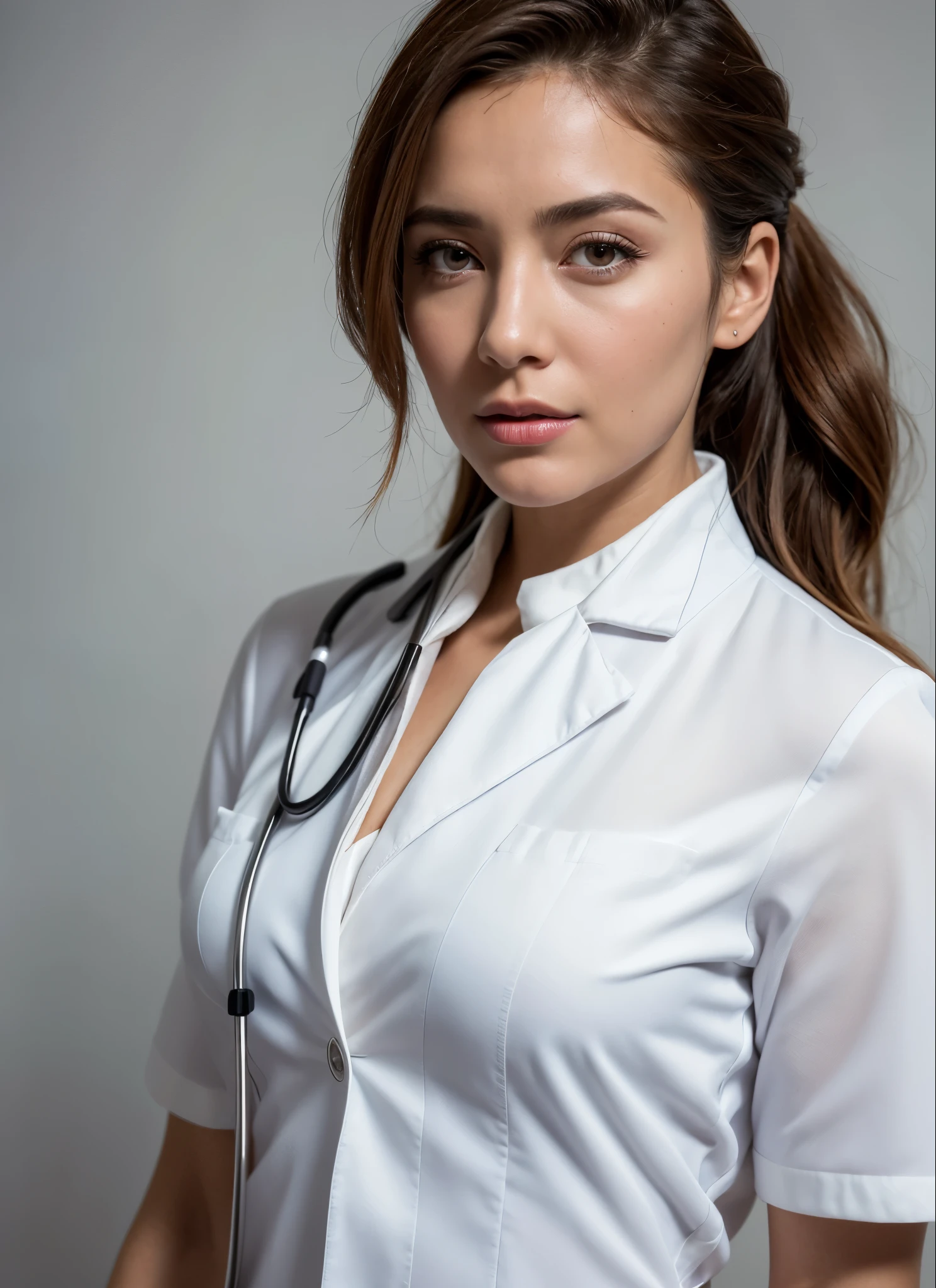a close up of a woman in a white doctor suit, with a stethoscope, High quality image, masterpiece, detailed hair texture, detailed skin texture, detailed cloth texture, 8k, add fabric details, ultra detailed skin texture, ultra detailed photo, skin pores, cloth details, high skin details, realistic hair details