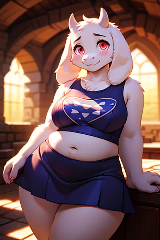 ((sfw)), character from Undertale Toriel, goat Furry, Beautiful cute face, Innocent, Charming, Sexually calm facial expression, Facing the camera, The body is covered with wool, Skin color: white, Body glare, ((pretty eyes)), red-eyes, ((Perfect Sexy Figure)), Curvy Perfect Body Shapes, big thighs, ((Subtle and beautiful)), ((Sexy Fantasy Clothing)), Sexually seductive position, Full-length, Dark castle cave inside background, Depth of field, ((ultra quality)), ((tmasterpiece)), clear image, crisp details, Realistic, Professional Photo Session, Clear Focus, the anime, Colorfully drawn, big breasts, blue tank top, midriff, black skirt, blushing, big belly