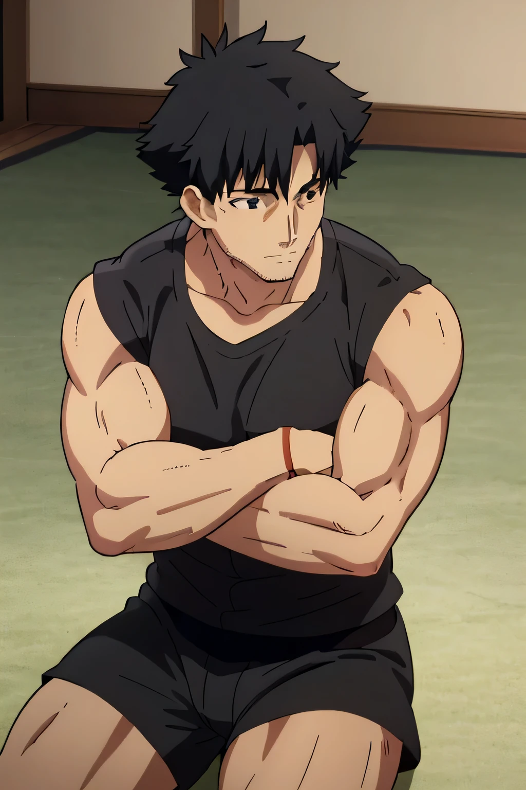 Kiritsugu is sitting and flexing his biceps and abs. He wears black short boxershorts. You can see his thighs. He is admiring his muscles. He has bulging veins on his arms. He wears a black tshirt with short sleeves. His right sleeve is completely rolled up so you can see his entire arm and shoulder. He is showing his abs too.