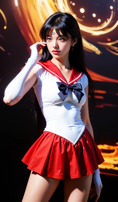 One girl,Long Hair, (high quality,8k,Black Hair, Realistic, 最high quality,masterpiece,Super detailed, Absurd)1.5,((SAMA1, tiara, Sailor Warrior Uniform, White gloves, Red sailor collar, Red Skirt)),Night City,White gloves,Purple ribbon,Purple eyes, (Magical World,fire),High heels,