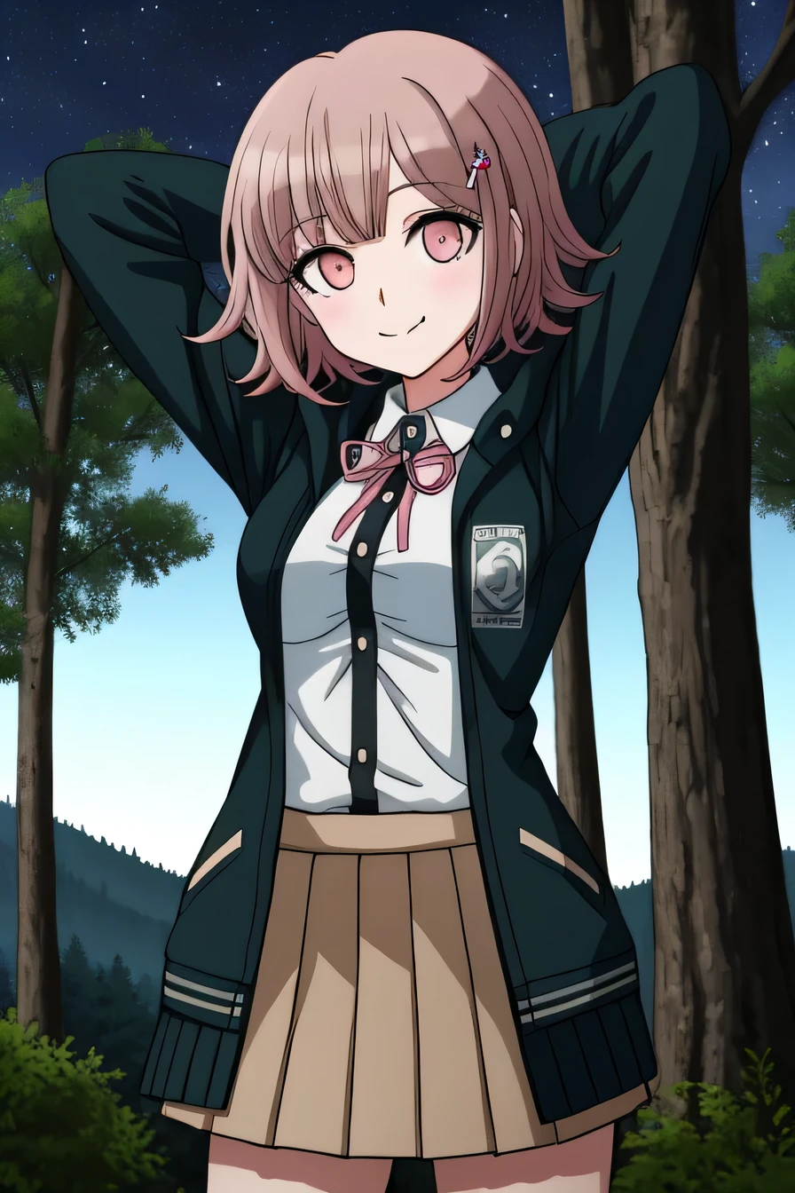 1girl, solo, hair ornament, shirt, jacket, ribbon, skirt, dress shirt, pink ribbon, open clothes, pleated skirt, white shirt, neck ribbon, collared shirt, hood, open jacket, looking at viewer, black jacket, long sleeves, shirt tucked in, brown skirt, hairclip, solo, night sky, forest, arms behind head, contrapposto, spread armpits, closed mouth, smile, cowboy shot, two-tone shirt, hooded jacket, breasts, medium hair,