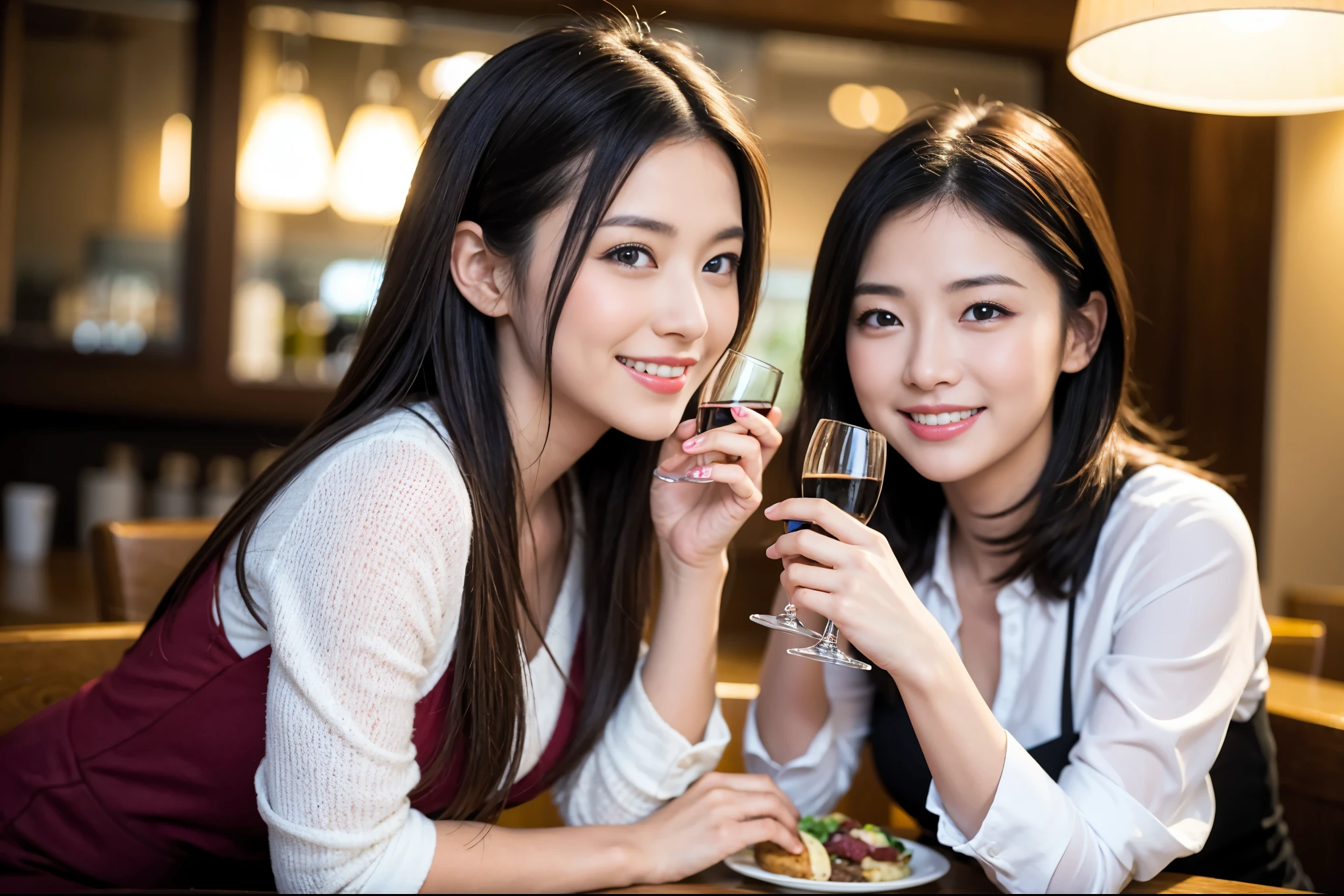 ((highest quality、8k、masterpiece:1.3))、1 male、1 female、石原さとみ似美女Couple、Spouse、Couple、The body is slim、((Bob Hale、Straight hair:1.2)), (Realistic, Intricate details:1.2), テーブルの上のwine glass、Put the light on your face、 Amazing view of the sunset sky and clouds、Amazing mountain views、A bright smile、The wonderfulness of smile、Bright image、The beauty of wine, Beautiful Face, blue eyes, The light shines on your face, Blushing, short hair,Bright Face、 (Age 37), "41 years old, red wine 、Appetizers、Italian food、Wine bottle、Champagne、sparkling wine、Two beauties、Brown Hair、Shortcuts、Long sleeve shirt、dress、Pretty Woman 1, (slimな顔), (The body is slim), (Brown Hair), (Shortcuts), cheeks turn a little red,Attractive beauty、restaurant, In a prominent place (From the waist up) Nova Frog Style, actress, model, Upper Body, White wine, slim, wine glass, 中央に置かれたwine glass, smile, (smile: 1.15), Beautiful fine grain, Depth f/2,saturation, High Contrast, Strong light and shadow,Moist Body:1.5、3D texture、Delicate eyes、Brown Hair、The hair is very shiny、