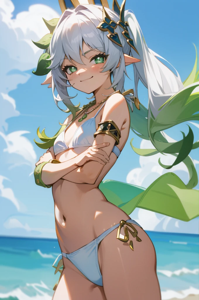 masterpiece, 4K, best quality, FELute, necklace, bracers, cowboy shot, looking at viewer, smirk, swimsuit, white bikini, (((12 yo)))