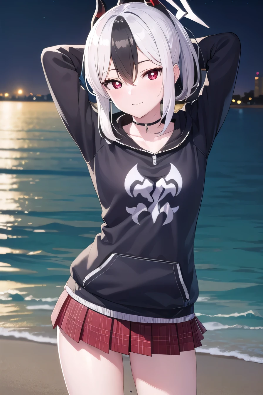 kayokoonikata, black hair, demon horns, hair between eyes, halo, horns, long hair, low wings, mole, mole on collarbone, multicolored hair, ponytail, (red eyes:1.5), single wing, two-tone hair, white hair, wings, black ponytail,
BREAK black hoodie, choker, hood, hoodie, pleated skirt, skirt, red skirt,
dynamic pose, contrapposto, spread armpit, arms behind head, solo, looking at viewer, (cowboy shot:1.5), closed mouth, night sky, beach, masterpiece, best quality, smile, portrait,
BREAK (masterpiece:1.2), best quality, high resolution, unity 8k wallpaper, (illustration:0.8), (beautiful detailed eyes:1.6), extremely detailed face, perfect lighting, extremely detailed CG, (perfect hands, perfect anatomy),