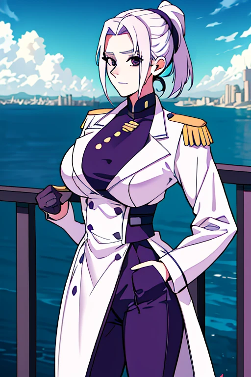 masterpiece, best quality, woman, black eyes, folded ponytail, white long coat, coat on shoulders,white navy soldier uniform ,epaulettes, purple shirt, blue pants, upper body, looking at viewer, large breasts, ocean, city ,(hd), (full body shot), (high resolution)