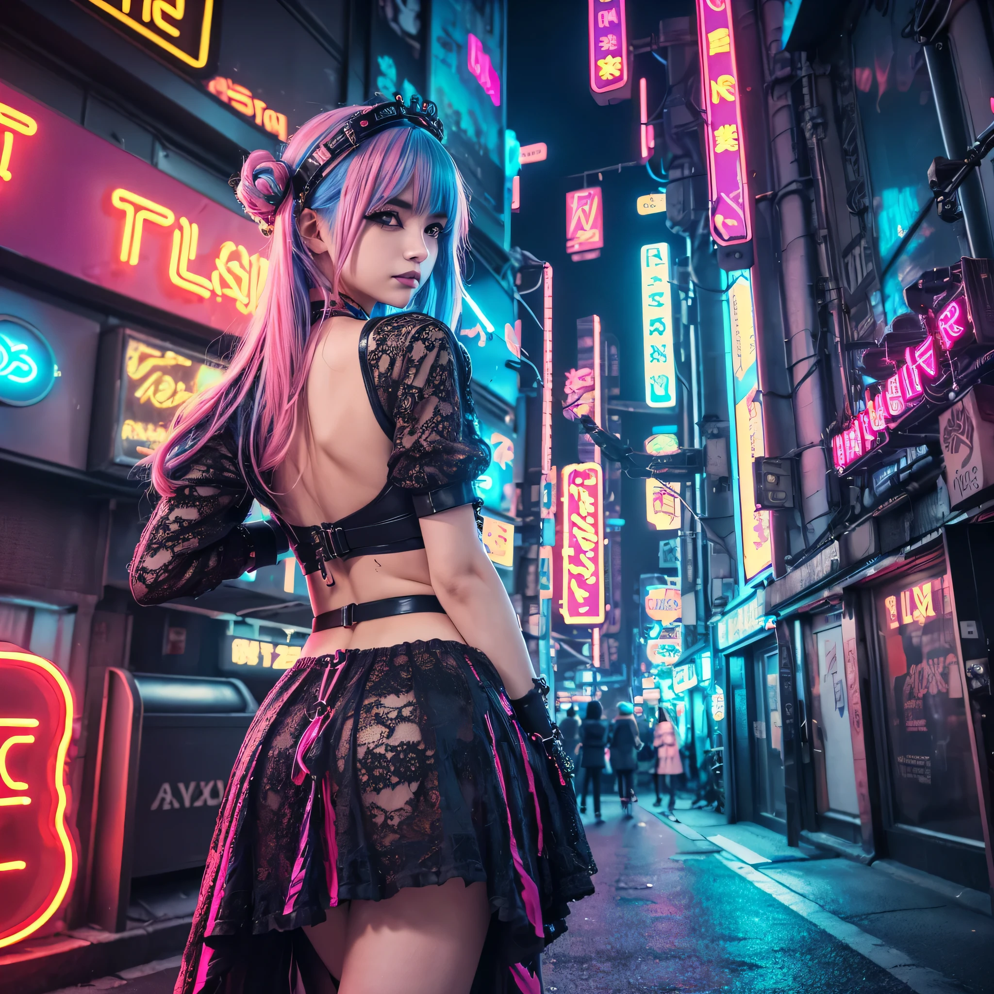 (masutepiece, of the highest quality, Best Quality, Official art, Beautiful and aesthetic:1.2),(1girl in:1.4),Full body,([Pink|Blue] hair:1.5),ighly detailed,(Fractal Art:1.3),(Colorful:1.5),highest details,(Mechanical modification:1.3),(corrected:1.2),Maiden,(A complex mechanical conduit is inserted into the back:1.5),catheter,(Neon background:1.4),(Neon City:1.75),Night,Large breasts,(Gothic_Lolita:1.2),high-heels,(:0.75),makeup,blush,(Cyberpunk:1.4),((Looking at Viewer:1.3)),((Looking back)),Sofia Boutella, brunette, sun burn, Colossal , Nikon D850 Film Stock Photography 4 Kodak Portra 400 Camera F1.6 lens rich colors hyper realistic lifelike texture dramatic lighting unrealengine trending on artstation cinestill 800,Front facing、looking at the camera