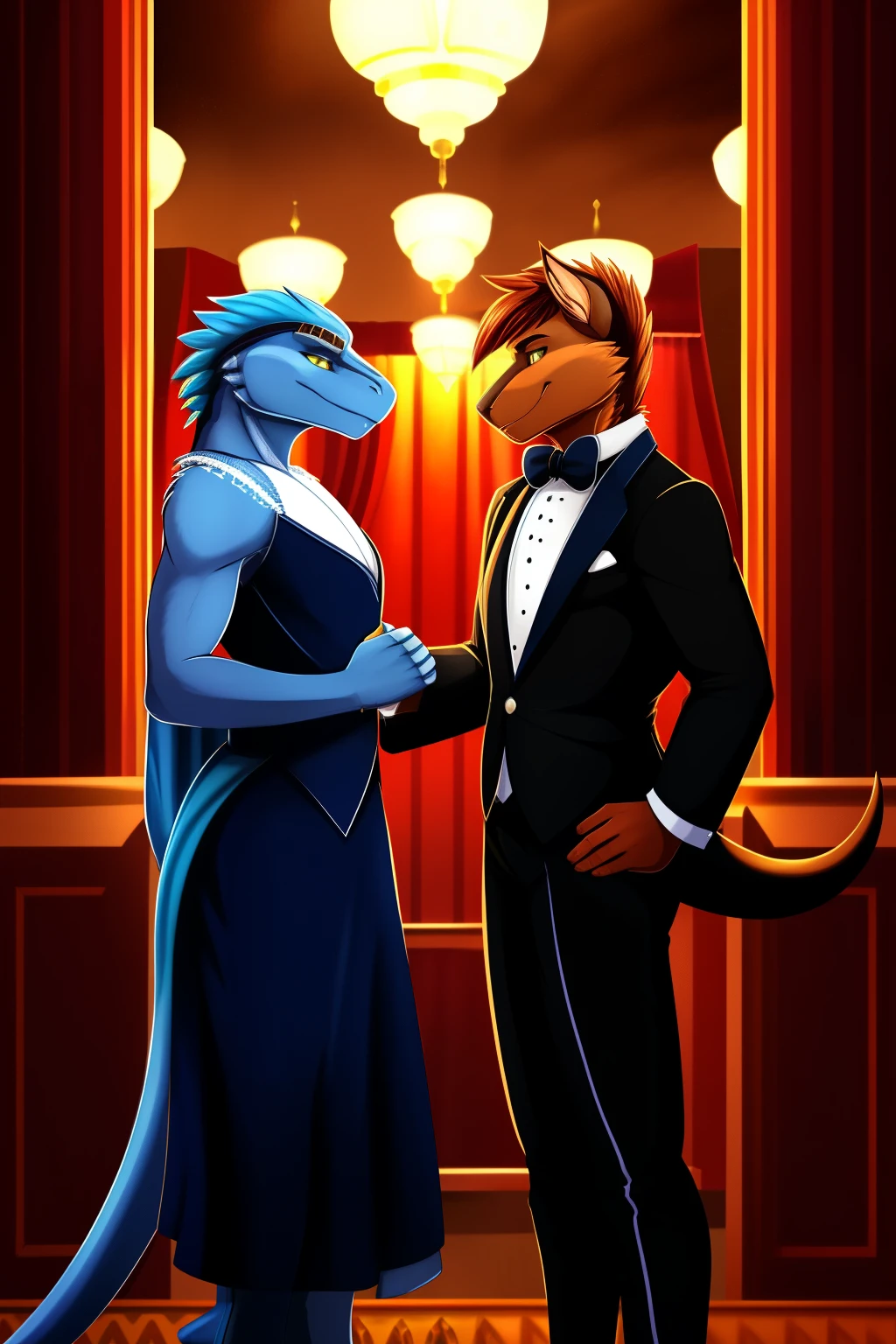 (Prompt by ArtisticNightOwl, masterpiece, ultra-detailed, high-quality render, realistic, trending on ArtStation, dramatic, glamorous, S2, president, anthro, reptilian, Ubaid lizard, formal attire, tuxedo, handshake, intricate detail, realistic textures, cold atmosphere, bright lights, eye contact with viewer, detailed background showing White House, by ArtisticNightOwl, by TakashiNight, by MasterUbaidArt)

Anthropomorphic Ubaid lizard, decked out in a sleek and refined tuxedo, shakes hands with a dapper president
