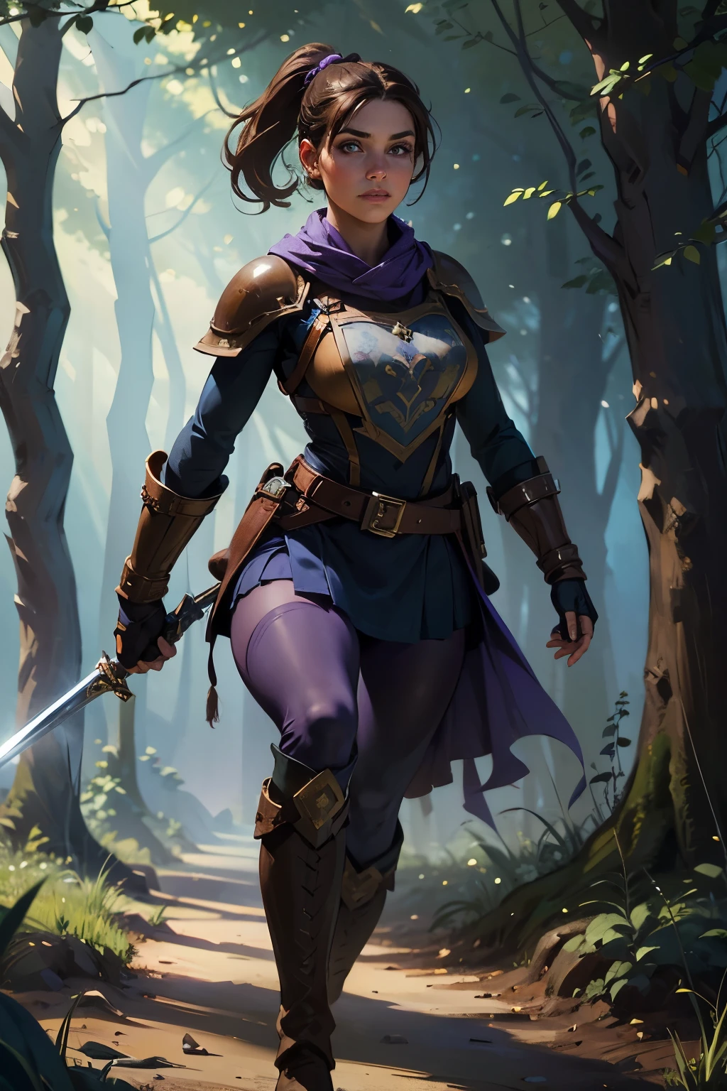 a girl adventurer, brown hair, brown eyes, dark (blue tabard), (purple tights), big boots, leather boots, big gloves, ponytails, (((young girl))), sword at her hip, (((masterpiece))), high quality, 8k. Show her walking through a magical forest. Animals in the background.