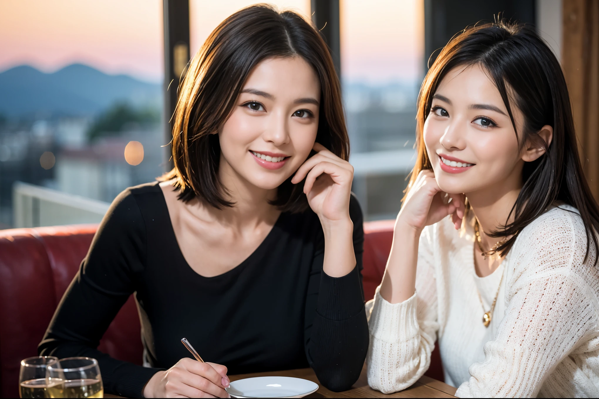 ((highest quality、8k、masterpiece:1.3))、1 male、1 female、Couple、Spouse、石原さとみ似美女Couple、The body is slim、((Bob Hale、Straight hair:1.2)), (Realistic, Intricate details:1.2), テーブルの上のwine glass、Put the light on your face、 Amazing view of the sunset sky and clouds、Amazing mountain views、A bright smile、The wonderfulness of smile、Bright image、The beauty of wine, Beautiful Face, blue eyes, The light shines on your face, Blushing, short hair,Bright Face、 (43 years old), 39 years old, red wine 、Appetizers、Italian food、Wine bottle、Champagne、sparkling wine、Two beauties、Brown Hair、Shortcuts、Long sleeve shirt、dress、Pretty Woman 1, (slimな顔), (The body is slim), (Brown Hair), (Shortcuts), cheeks turn a little red,Attractive beauty、restaurant, In a prominent place (From the waist up) Nova Frog Style, actress, model, Upper Body, White wine, slim, wine glass, 中央に置かれたwine glass, smile, (smile: 1.15), Beautiful fine grain, Depth f/2,saturation, High Contrast, Strong light and shadow,Moist Body:1.5、3D texture、Delicate eyes、Brown Hair、The hair is very shiny、