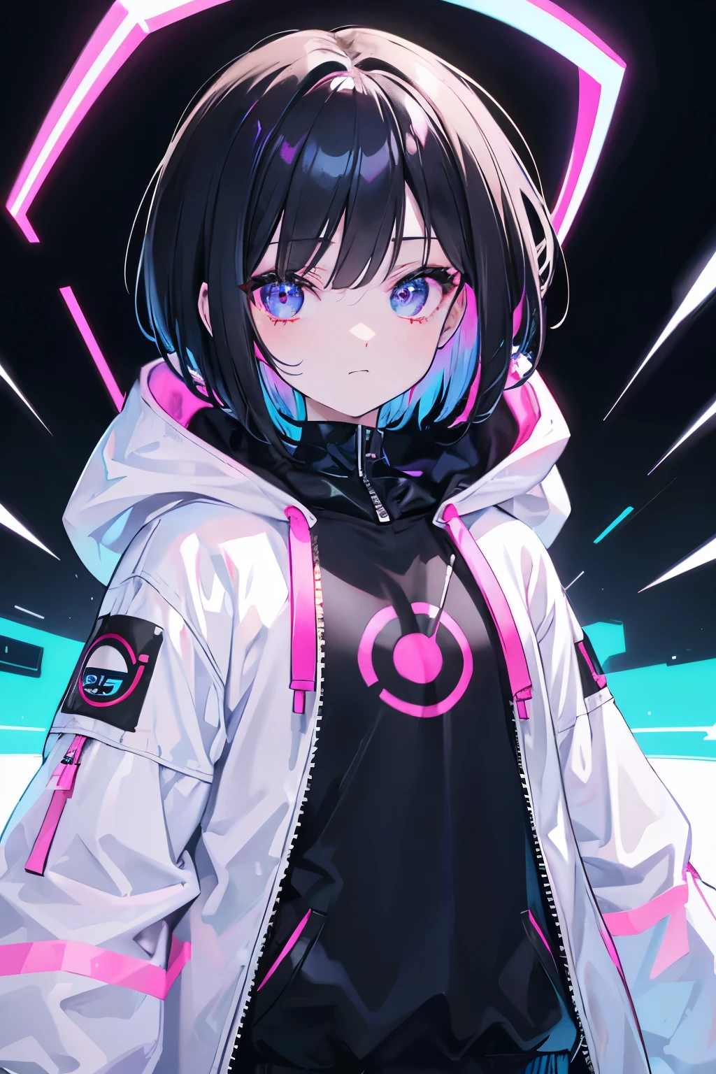 White skin, droid, neon eyes, black hair, short hair, sky blue and fuchsia eyes with a black background, chewing chili, hair with pink and sky blue highlights, jacket, top, hoodie