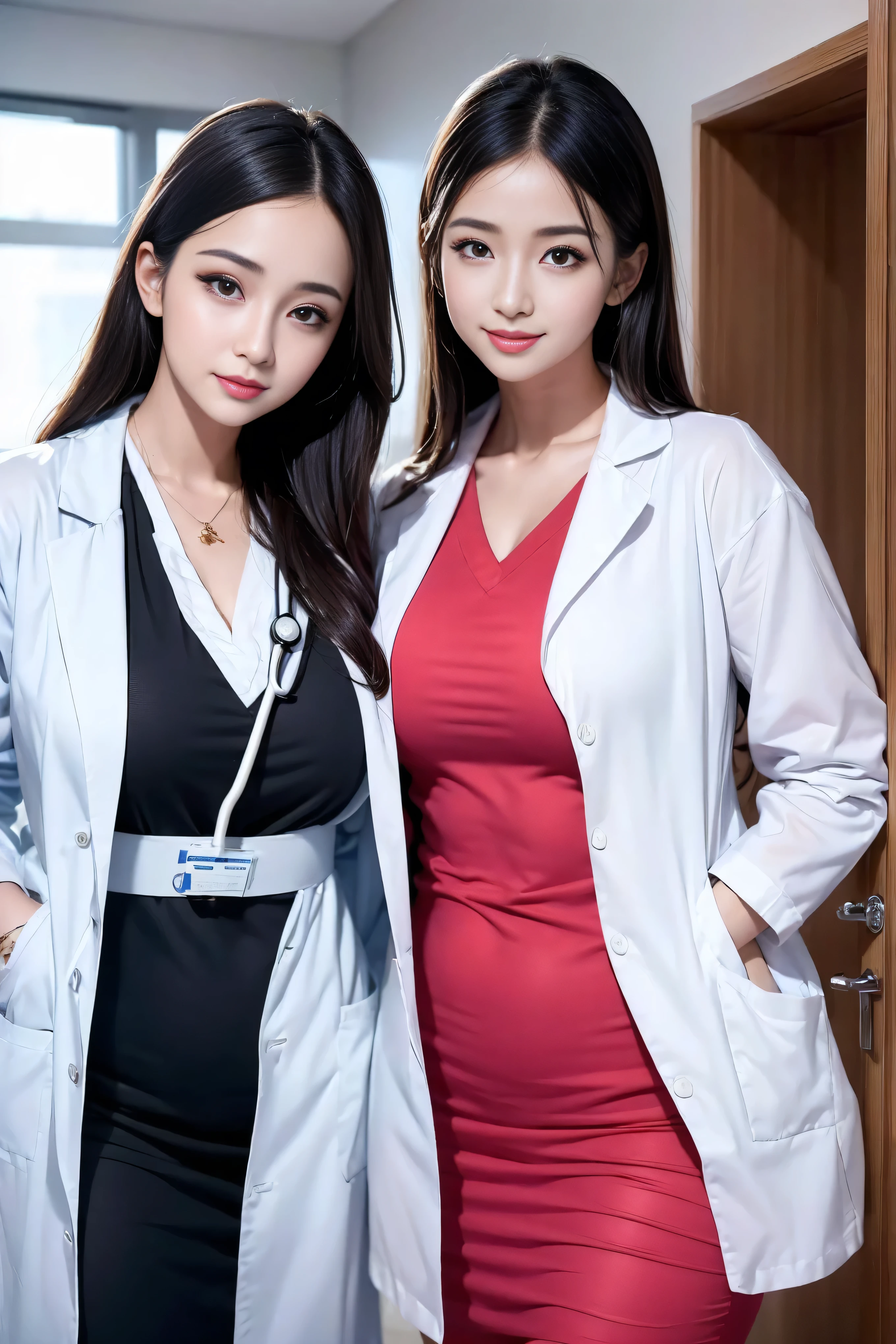 Realistic beautiful doctor、Stunningly beautiful、Doctor's white coat, Collared shirt、(Top quality、8K、32K、masterpiece、North African Trade Zone:1.3)、Ultra-high resolution,(Reality:1.4),Original Photography, Detailed face,,Beautiful hair, ((Doctor style)),,((Leg length)), (Thigh gap:1.5), , Black tight skirt、 Natural Makeup,, Big plump breasts、In the hospital, Detailed background, Perfect lighting, Depth of Field, Beautiful shadow gradient,Stethoscope ,