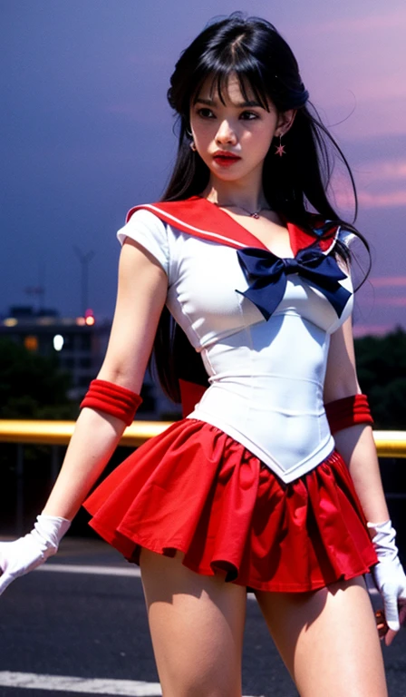 One girl,Long Hair,（Put your arms behind your back） (high quality,8k,Black Hair, Realistic, 最high quality,masterpiece,Super detailed, Absurd)1.5,((SAMA1, tiara, Sailor Warrior Uniform, White gloves, Red sailor collar, Red Skirt)),Night City,White gloves,Purple ribbon,Purple eyes, (Magical World,fire),High heels,slave、Chain