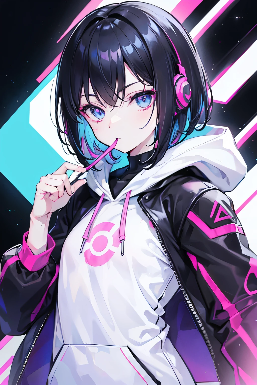 White skin, droid, neon eyes, black hair, short hair, sky blue and fuchsia eyes with a black background, chewing chili, hair with pink and sky blue highlights, jacket, top, hoodie
