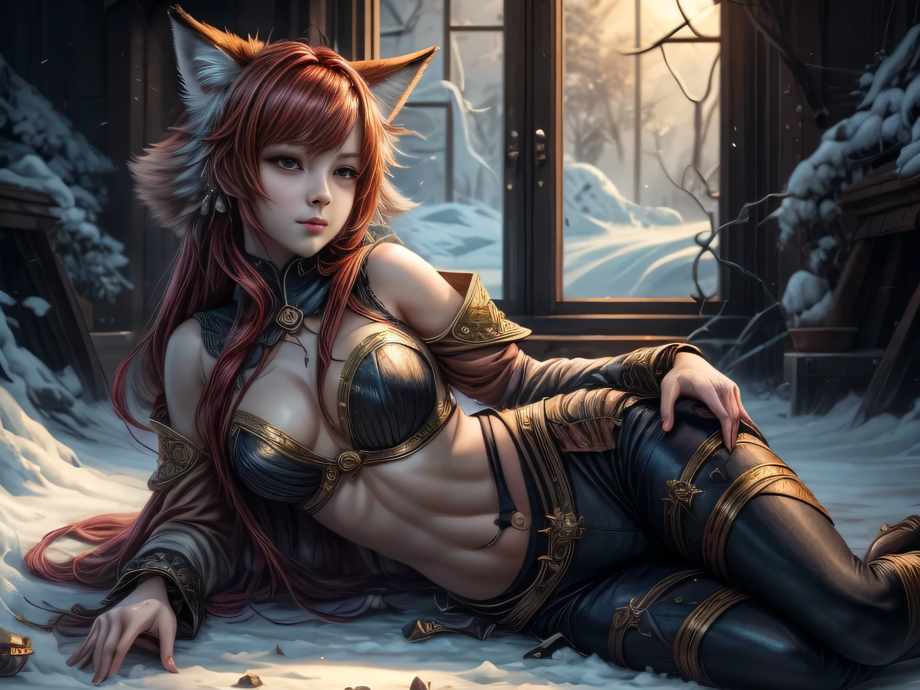 (Best quality, 8K, masterpiece, HDR, soft lighting, picture perfect, realistic, vibrant), foxgirl with red hair and little fox lying on the snow, kitsune, beautiful fox, nobushi fox, beautiful female kitsune, digital anime illustration, beautiful illustration, beautiful digital artwork, exquisite digital illustration, realistic digital anime art, realistic anime style digital art, (ultra high quality fantasy art, final fantasy), masterpiece, ultra high quality female character design, anime art with development 8k, realistic anime art, wallpaper illustrations of the highest quality, complex ultra high quality accurate faces of female characters, high quality design and accurate physics (ultra high quality fantasy style)), art, dark fantasy)) Style), masterpieces, super high quality characters, anime resolution - 8K, realistic anime art, highest quality wallpaper illustration, ultra-high facial detail, quality design and physics accuracy), by color, depth of field, shadows, ray tracing, high quality and 8K resolution computer wallpaper production, Fantasy Love Fox, Dark Fox -mage, (Accurate simulation of the interaction of light and materials)], [Highly detailed hair [More about beautiful and shiny red hair]], (Beautifully detailed hands [perfect fingers [Beautiful nails]], (perfect anatomy (perfect proportions)) [[ Full-length]], [Perfect color combination (Accurate imitation of the interaction of light and material)], [art that conveys the meaning of the story]