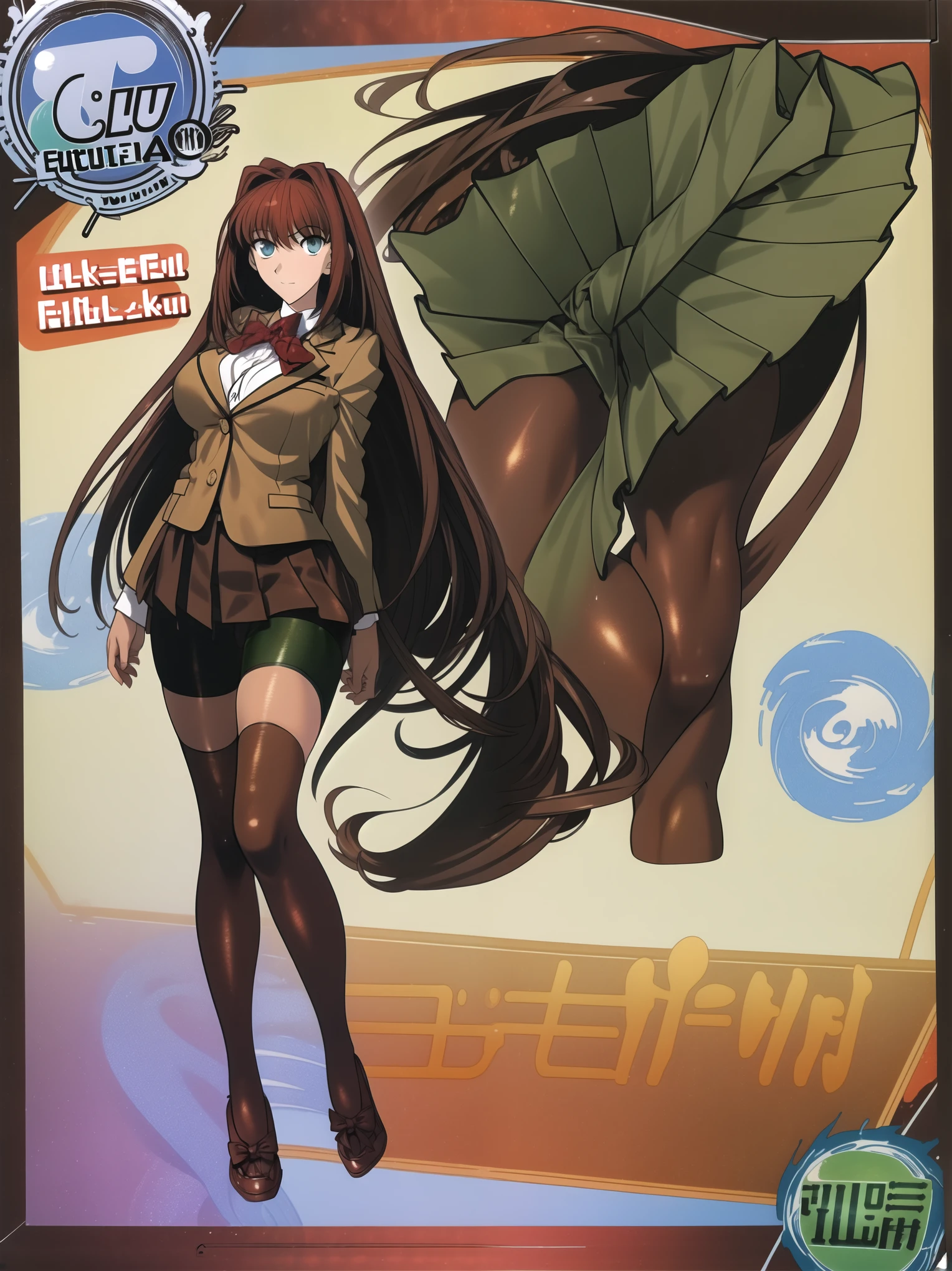 BREAK, (EMPTY BACKGROUND), BREAK (masterpiece:1.2), best quality, high resolution, 8k, illustration, (beautiful detailed eyes:1.6), extremely detailed face, extremely detailed body, CG, perfect hands, perfect anatomy, (((1girl))), ((solo)), ((((bbaoko))), (((2 legs max))), (((2 feet max:1.6))), ((swirling vortex shaped longest brown hair:1.5)), (brown longest hair with slightly reddish undertone:1.6), (lush luscious longest brown hair:1.6), (very long voluminous longest brown hair:1.5), serious, blue eyes, red bowtie, (Form-fitting beige blazer:1.5), brown jacket, (highly detailed beautiful face:1.2), (white shirt:1), (well shaped large breasts:1.6), (nice hips:1), (((Umber pleated thigh-high skirt:1.6))), (((black bike shorts:1.4))), (2 nice thighs:1.6), (black stockings:1.6), (strap shoes brown color), (facing front:1.5), ((standing straight:1.5)), ((Fullbody in frame:1.6)), ((Full body:1.5)), (takeuchi takashi:1.5)