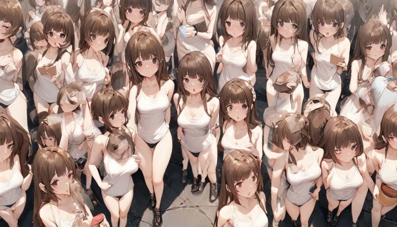 A crowd of clone girls wearing sleeveless white underwears, sleeveless White tank top underwear,sleeveless White camisole underwear, White panties underwear,leather shoes and shoulder bags commuting to work,Everyone in the same underwear,multiple clone girls, 20000+ clone girls,masterpiece,high detailed,best quality,All Girls,Wear only white underwear,brown hair,black eyes,long hair,clone girls