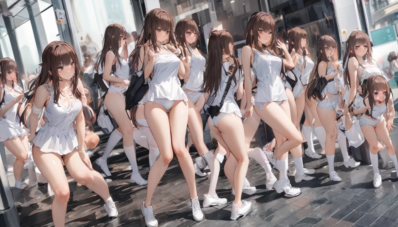 A crowd of clone girls wearing sleeveless white underwears, sleeveless White tank top underwear,sleeveless White camisole underwear, White panties underwear,leather shoes and shoulder bags commuting to work,Everyone in the same underwear,multiple clone girls, 20000+ clone girls,masterpiece,high detailed,best quality,All Girls,Wear only white underwear,brown hair,black eyes,long hair,clone girls