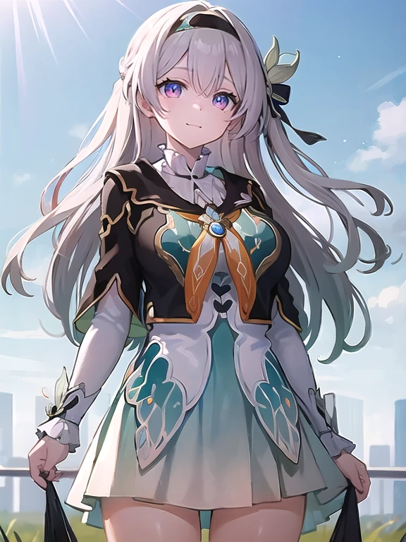 (masterpiece:1.3),((High resolution)),((high quality)),((Very detailed))、1 girl、Perfect balance、Perfect Face、Detailed face、Cute Face、beautiful詳細な目、Expressive eyes、Cute eyes、Shining Eyes、Perfect body、beautiful体、fire Fly\(Collapse：Star Rail\)、Multicolored Eyes、white[Grey or Sliver]hair、Black hair band、Purple eyes、dress、Long sleeve、Black jacket、Blue thighs、Black thighs、(Big Breasts)、(head shot)、Embarrassing、blush、grassland、beautiful女の子、Cute Face、beautiful顔、Cute Face、beautiful、最high quality、Excellent anatomy、smile、Mouth closed、blush、Are standing、From below、(snfw:1.3)